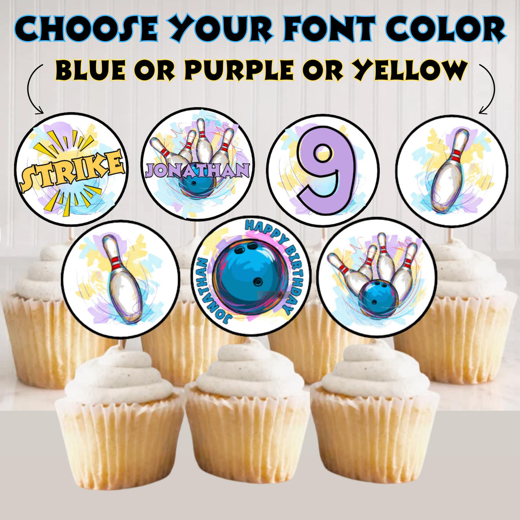 Personalized Bowling Birthday Cupcake Toppers