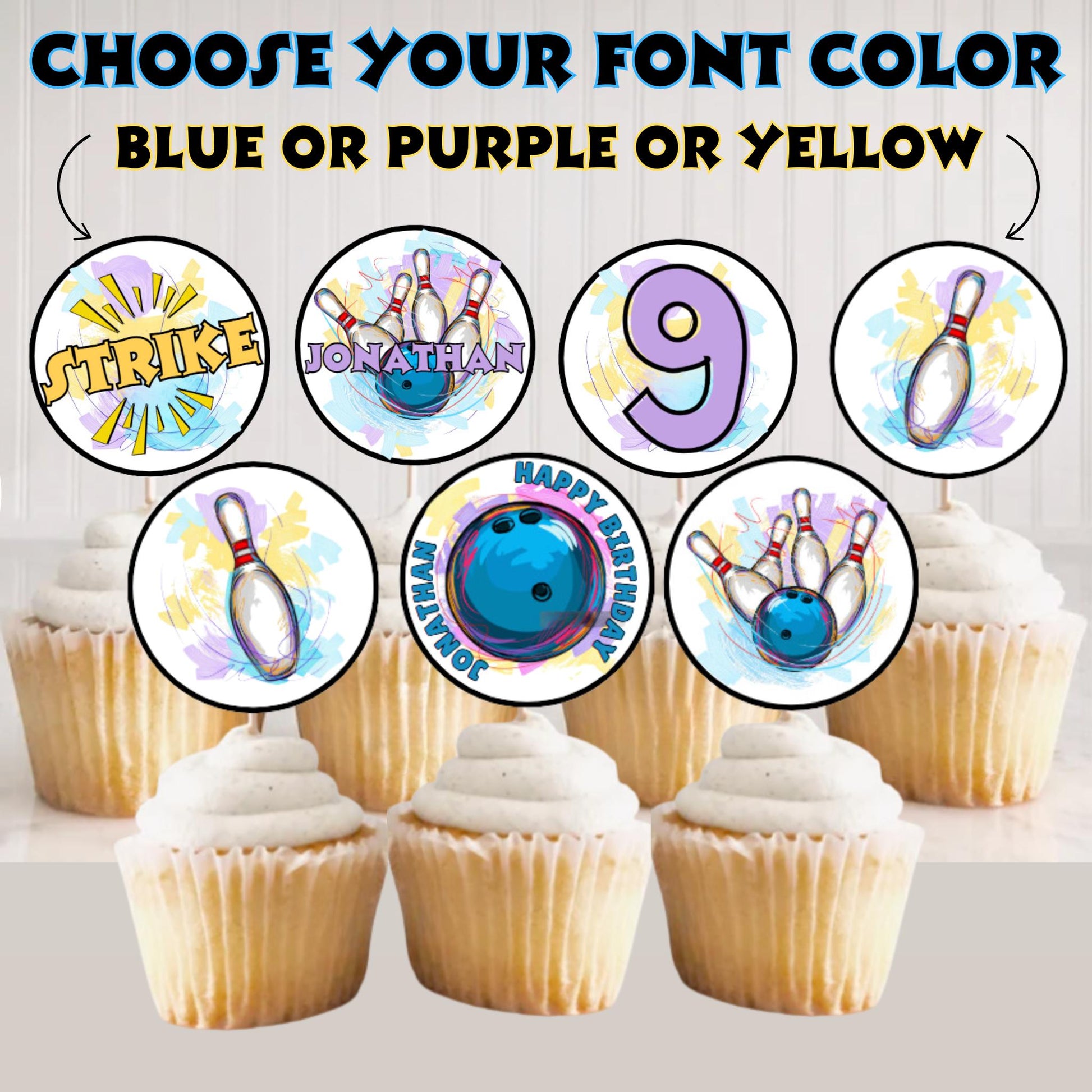 Personalized Bowling Birthday Cupcake Toppers