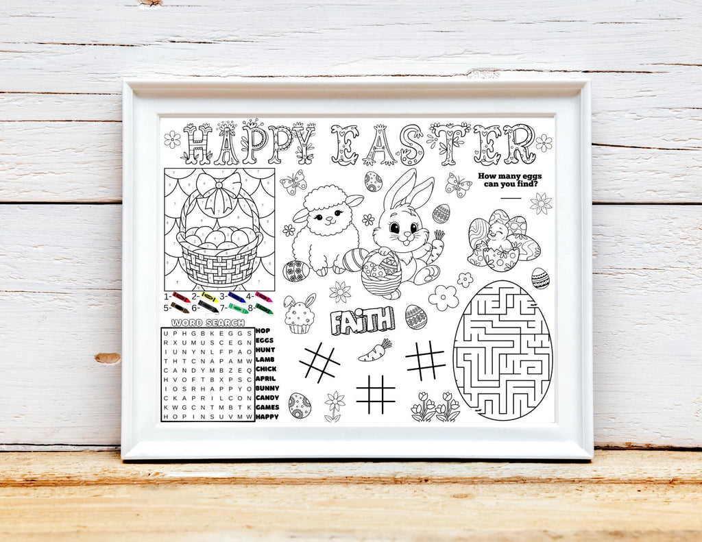 Printable Easter Activity Sheet, Instant Download Easter Placemat, Happy Easter Craft Coloring Page, Sunday School Page, Easter Party Favor