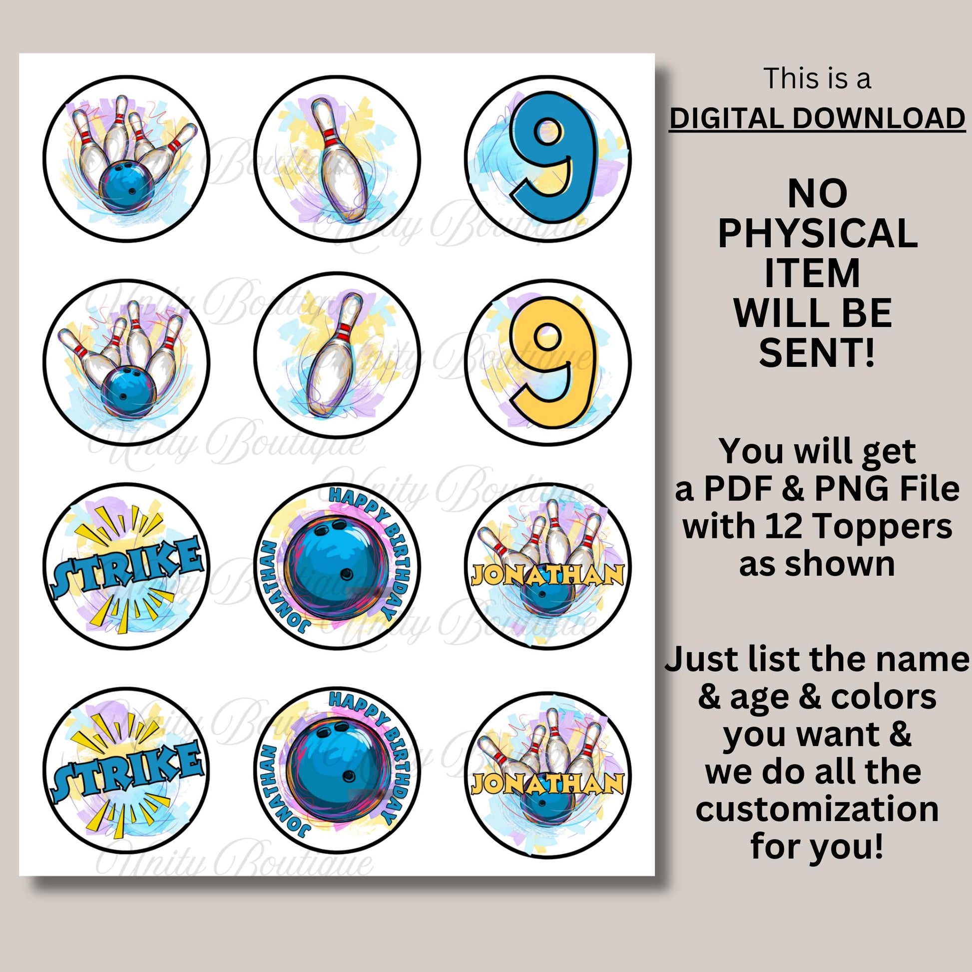 Personalized Bowling Birthday Cupcake Toppers