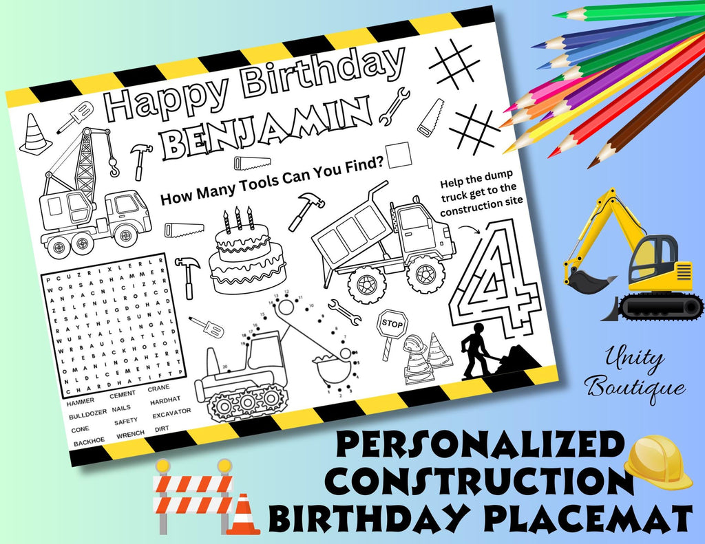 Personalized Construction Birthday Activity Placemat, Construction Themed Party Favor