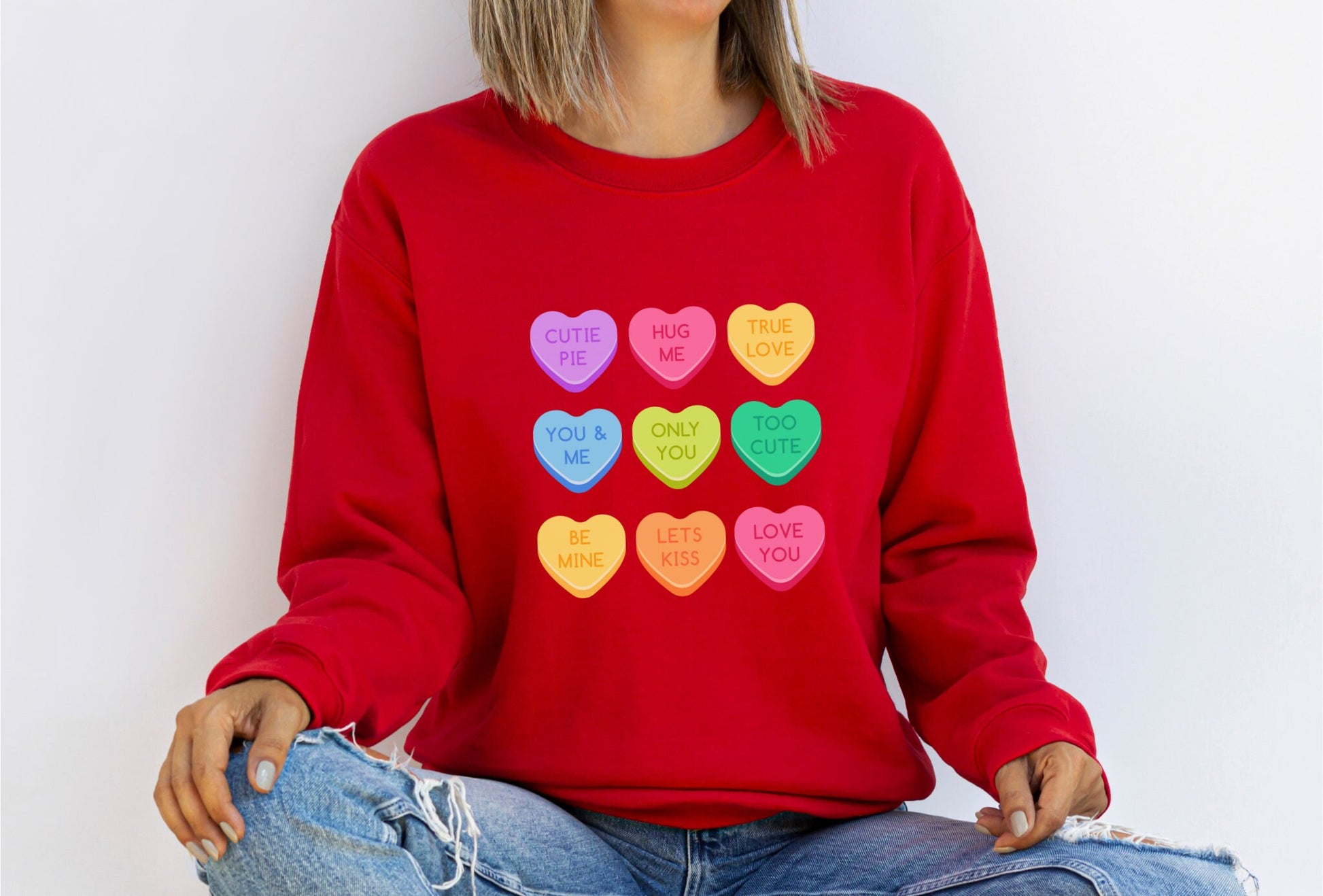 Candy Heart Sweatshirt, Heart Sweatshirt, Cute Valentine's Sweater, Valentines Day Gift, Gift for Her, Conversation Hearts Sweatshirt Retro
