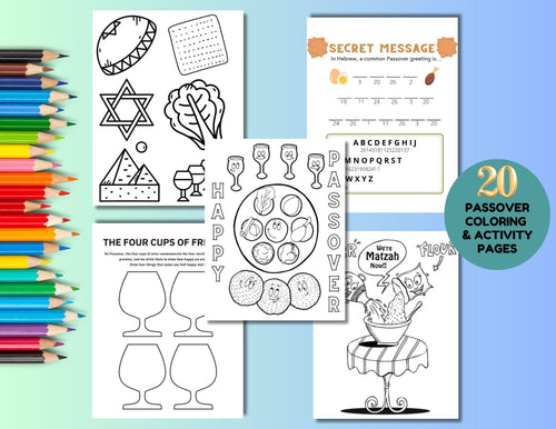 20 Passover Coloring Activity Pages For Kids, High Holidays Coloring Pages, Passover Printables, Jewish Holiday Activity, Instant Download