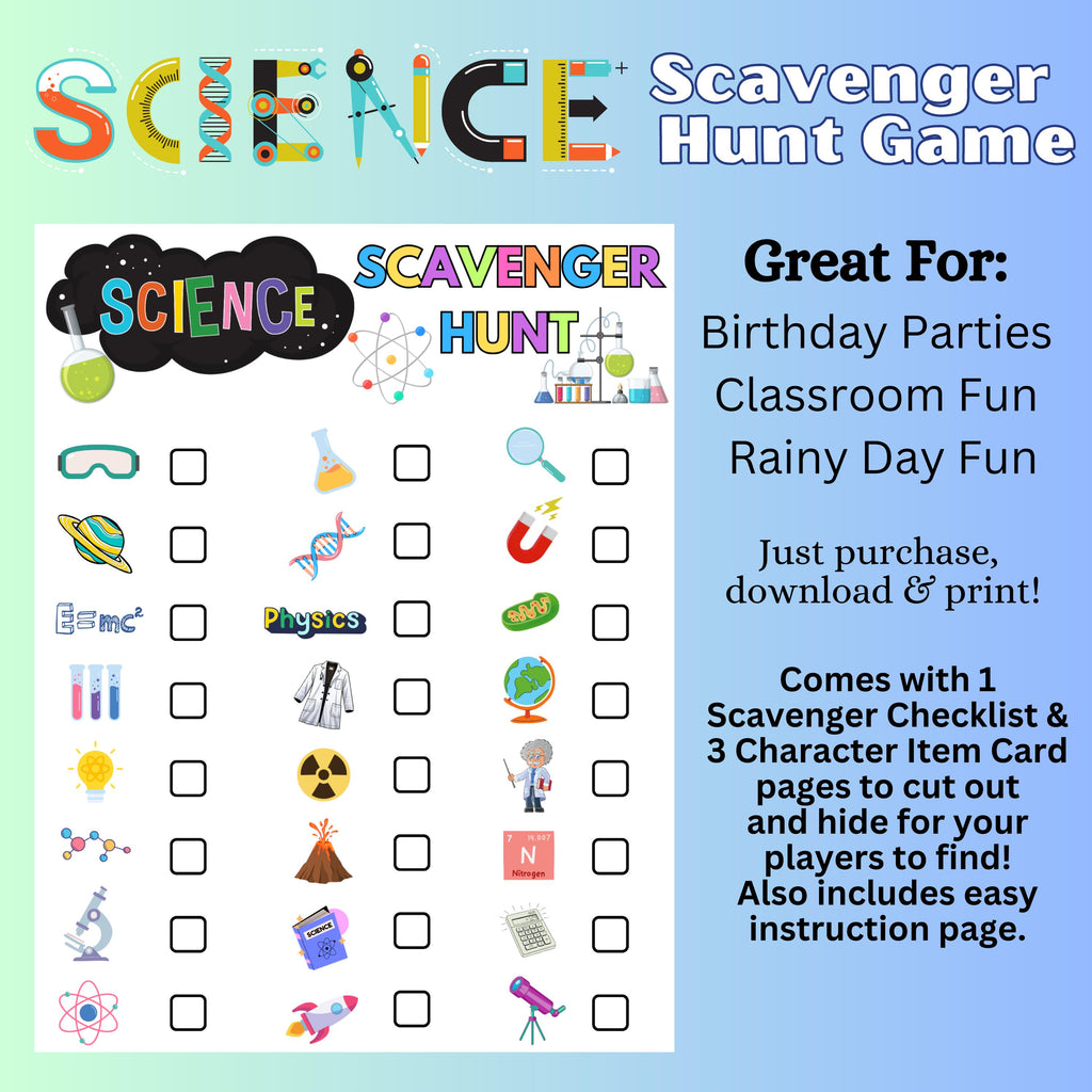 Science Theme Scavenger Hunt, Science Party Game, Slime Birthday, Printable Science Lab Party Game, STEM Party Activity, Instant Download
