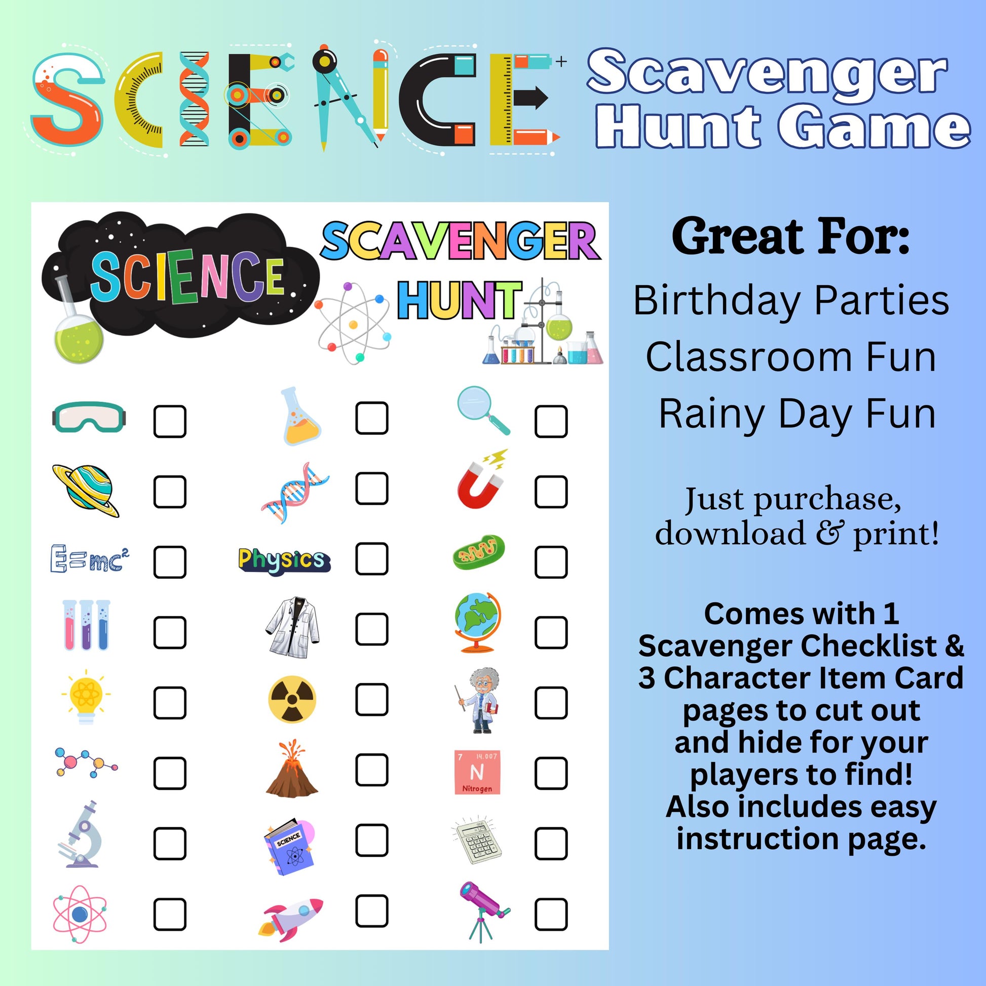 Science Theme Scavenger Hunt, Science Party Game, Slime Birthday, Printable Science Lab Party Game, STEM Party Activity, Instant Download
