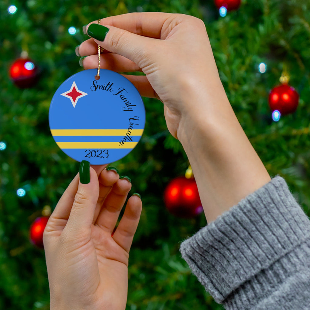 Personalized Aruba Ceramic Ornament Christmas Decor, Holiday Decoration, Aruban Flag, World Travel, Caribbean Island, Blue, Yellow, Souvenir