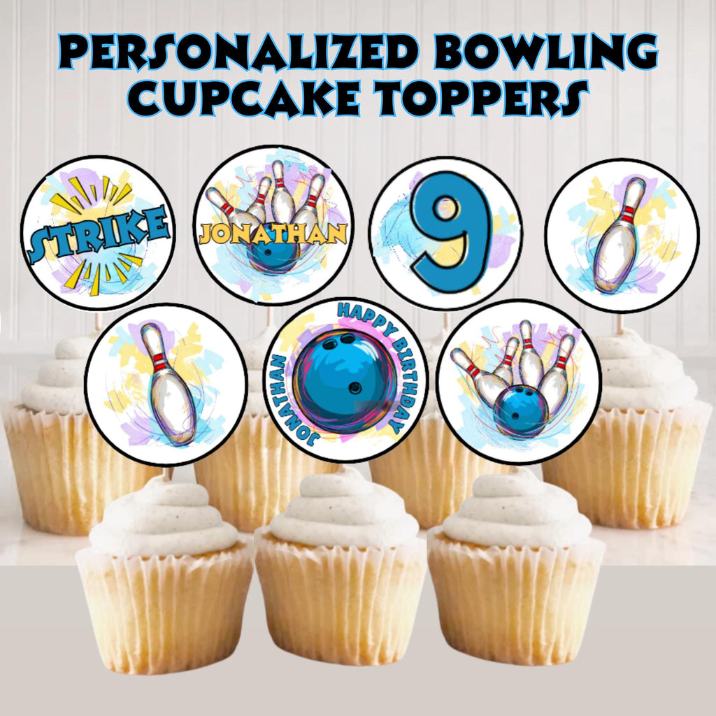 Personalized Bowling Birthday Cupcake Toppers