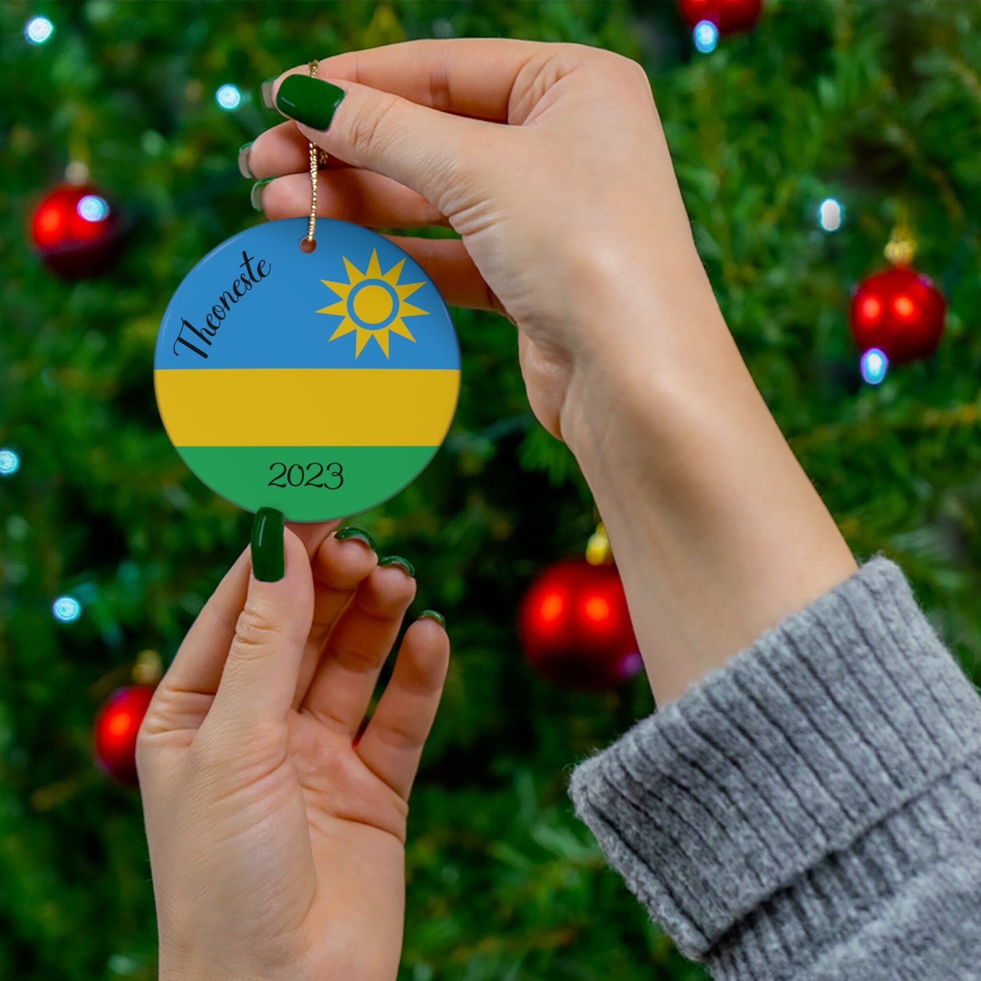 Personalized Rwanda Christmas Ornament Rwandan Flag Kigali Africa Blue Green Yellow World Travel Gift  Round Ceramic African Christmas Decor