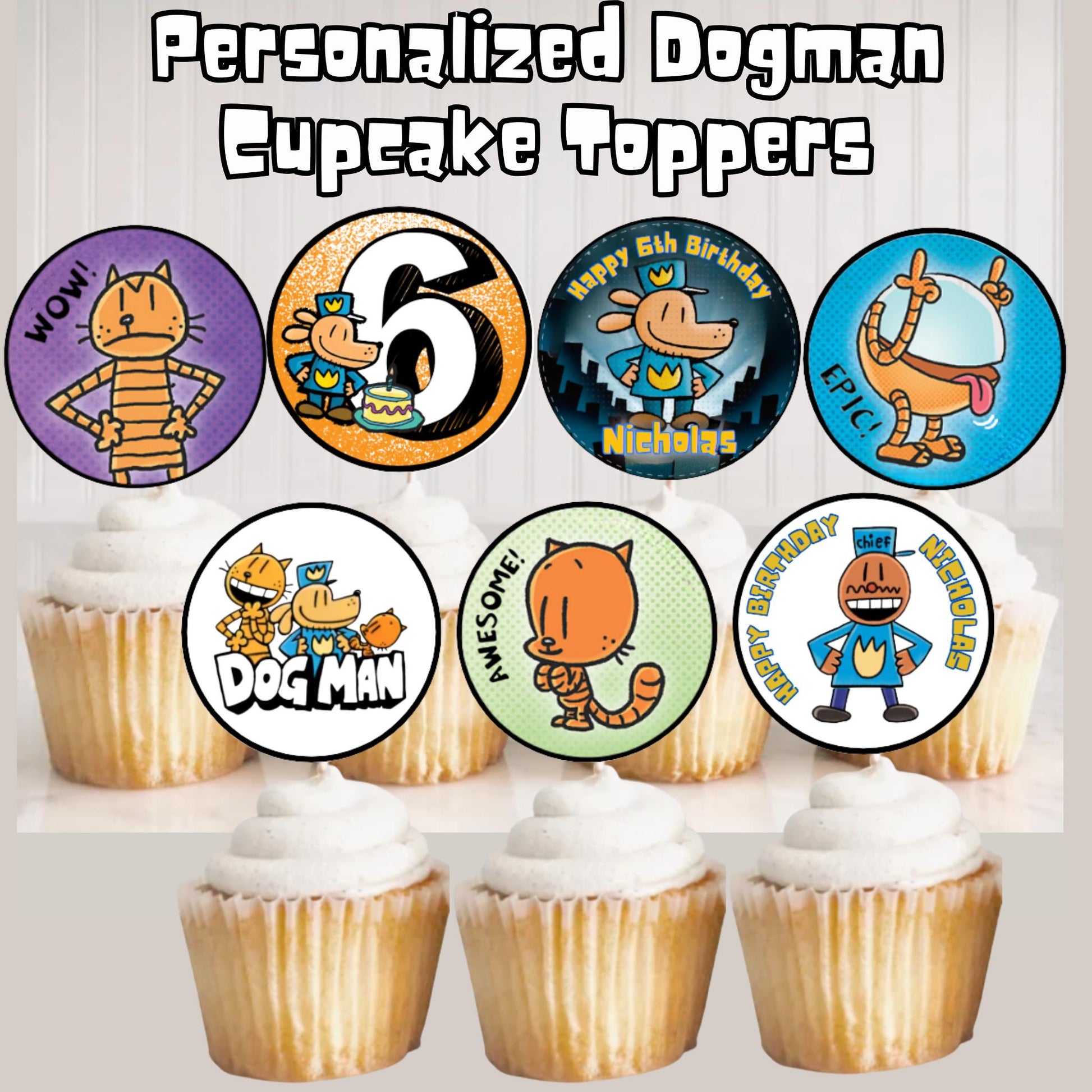 Personalized Dog Man Birthday Cupcake Toppers, Dogman Party Supplies, Custom Dog Man Birthday Decor