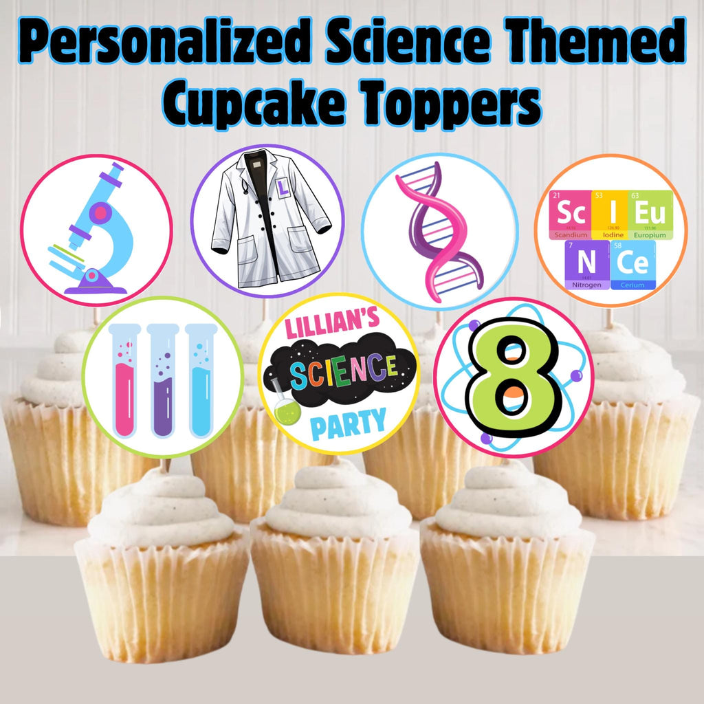 Personalized Science Party Cupcake Toppers, Science Lab Party Supplies, Mad Scientist Birthday Cupcake Toppers