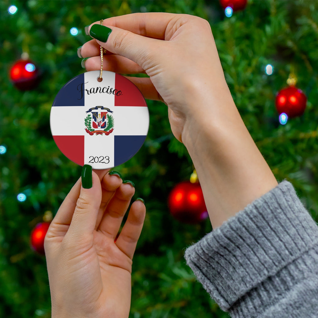 Personalized Dominican Republic Flag Inspired Red Blue White Round Porcelain Ceramic Christmas Ornament Gift Decoration Holiday World Travel