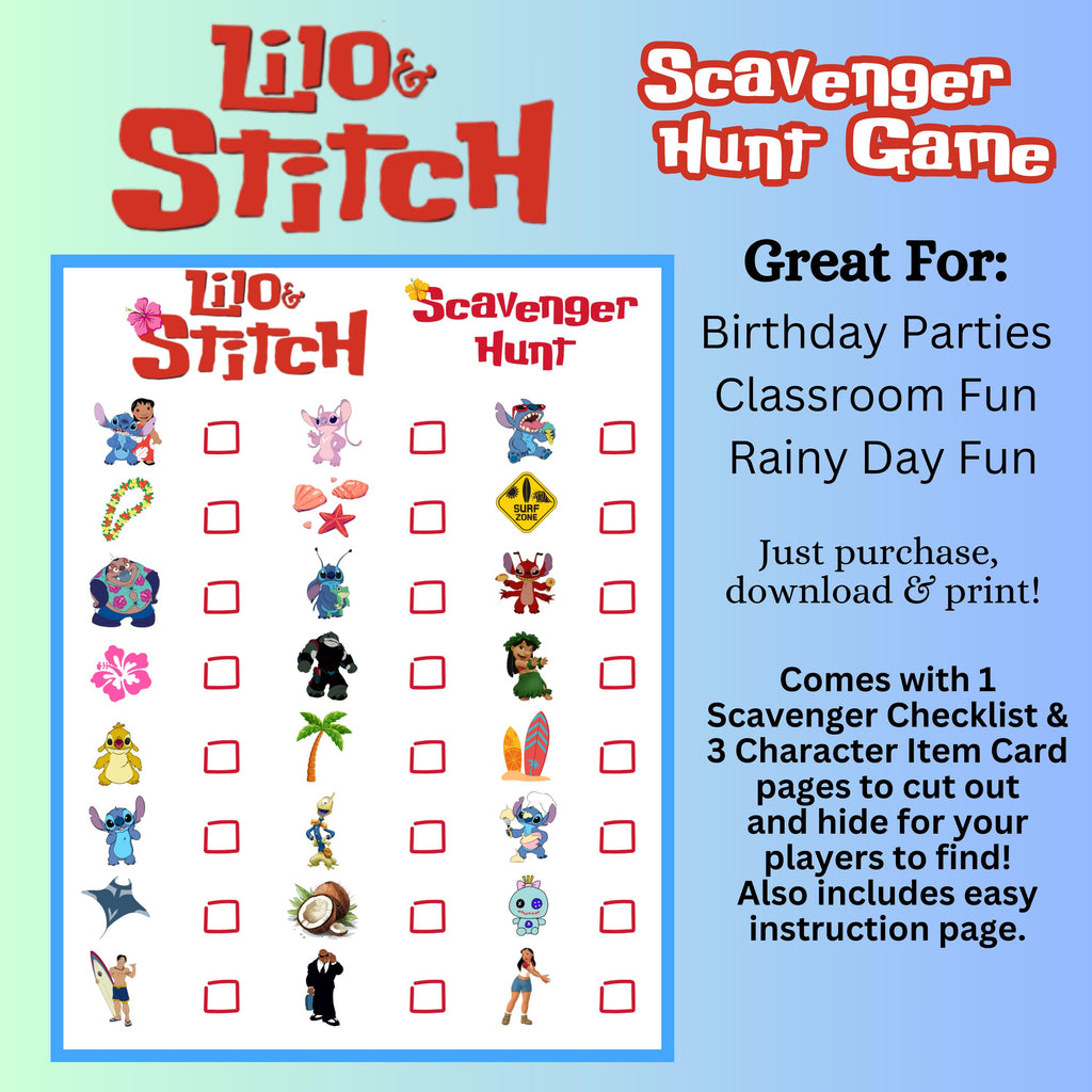 Stitch Printable Scavenger Hunt, Stitch Lilo Party Game, Stitch Birthday Scavenger Hunt Game, Instant Download, Lilo Stitch Treasure Hunt