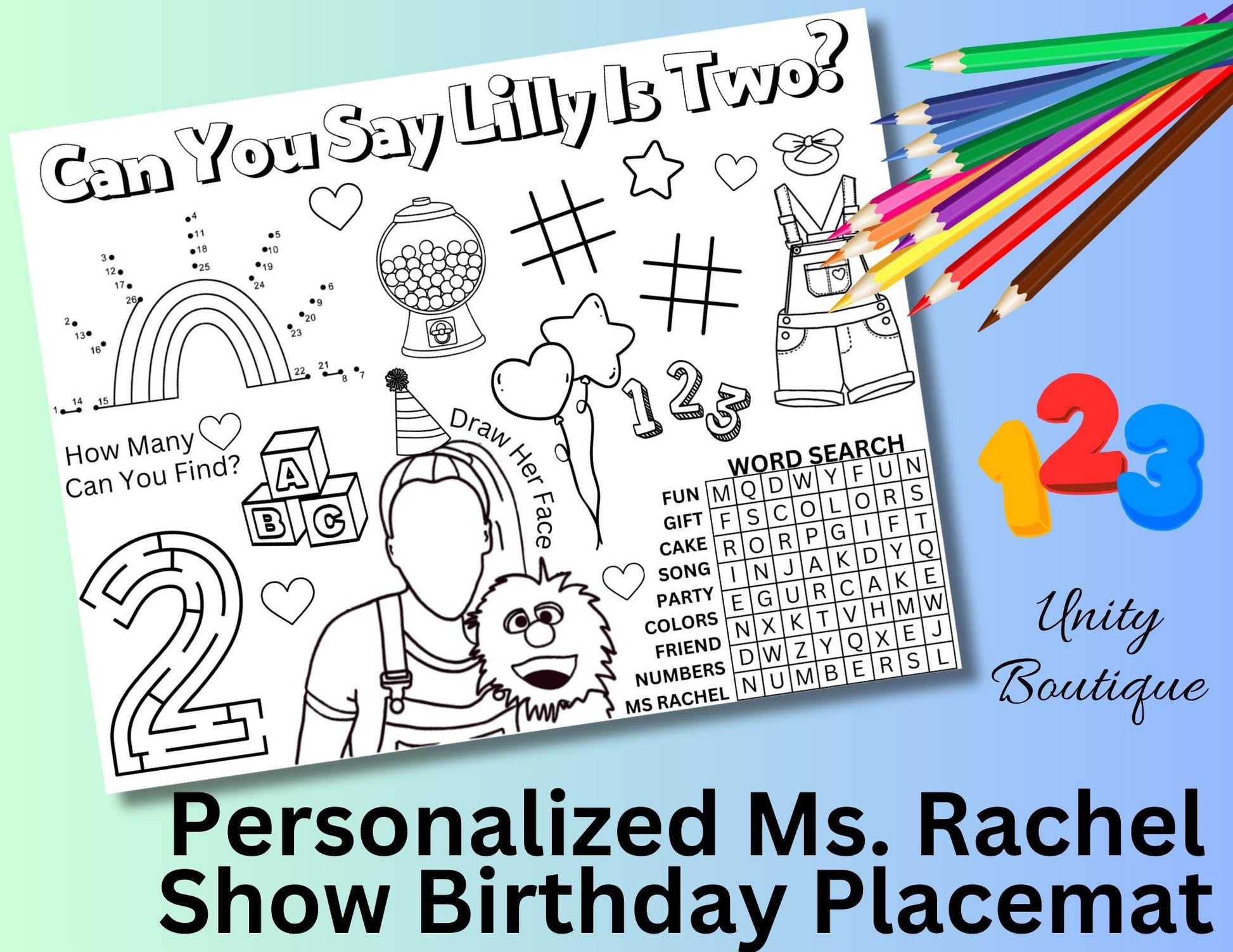 Ms. Rachel Personalized Overalls Birthday Party Placemat