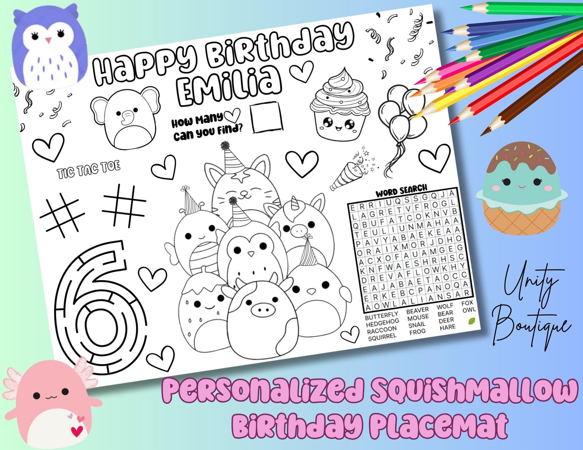 Personalized Squishmallow Themed Birthday Activity Placemat