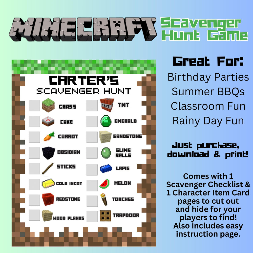 Personalizable Minecraft Scavenger Hunt, Printable Video Game Scavenger Hunt, Minecraft Pixel Activity, DIGITAL DOWNLOAD, Minecraft Party Game