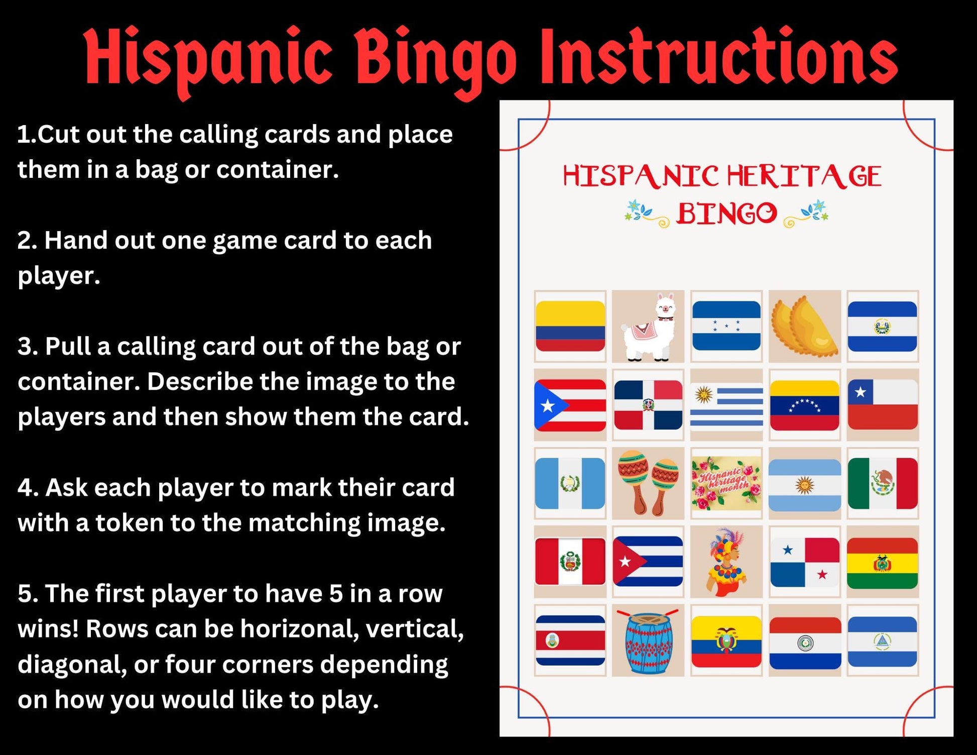 Hispanic Heritage Month Bingo, 20 Printable Bingo Cards, Hispanic Heritage Games, Spanish Speaking Countries Activity, Cultural Education