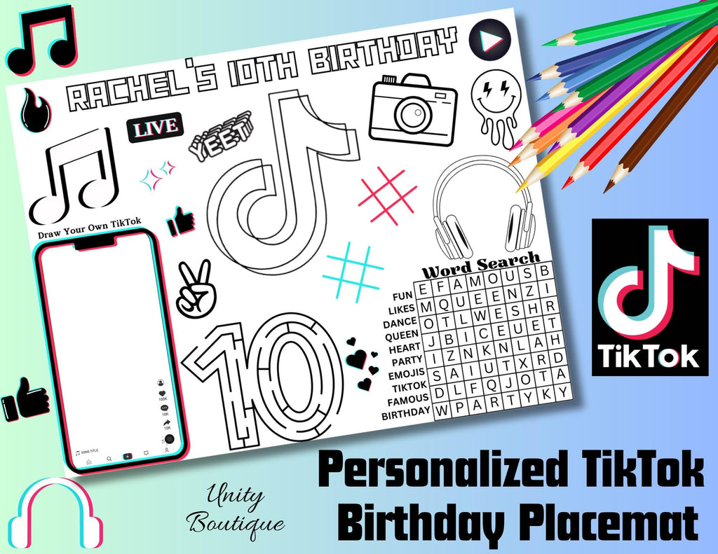 Personalized TikTok Birthday Activity Placemat, TikTok Party Favor