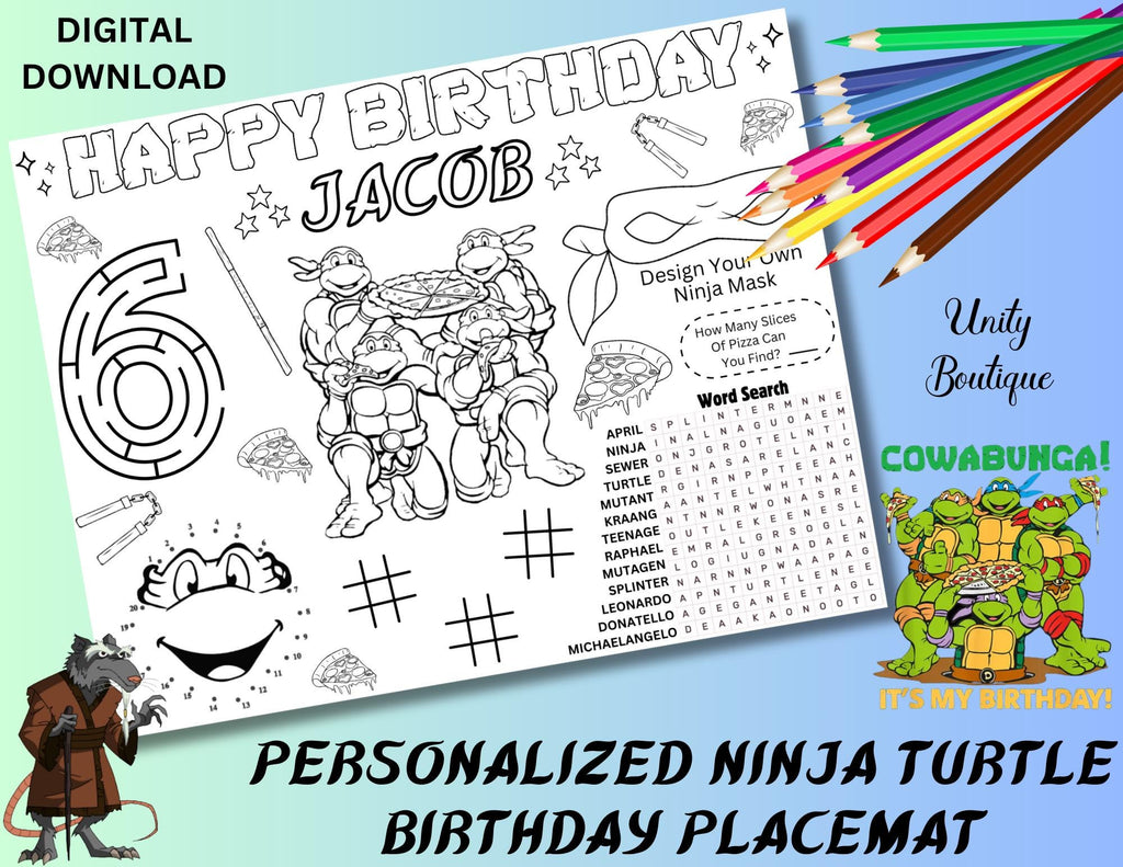Personalized Ninja Turtles Birthday Activity Placemat, Custom Teenage Ninja Turtles Party Favor