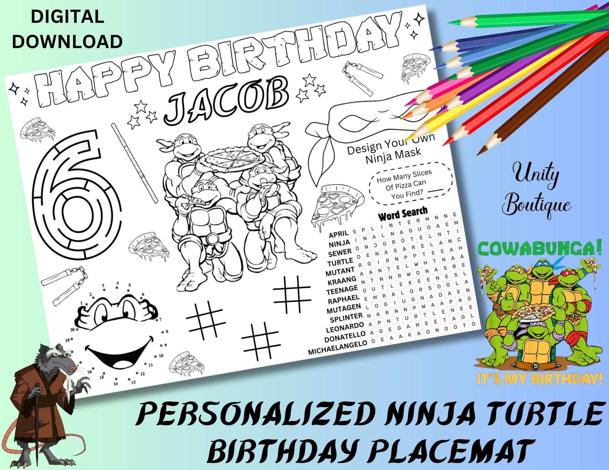 Personalized Ninja Turtles Birthday Activity Placemat, Custom Teenage Ninja Turtles Party Favor
