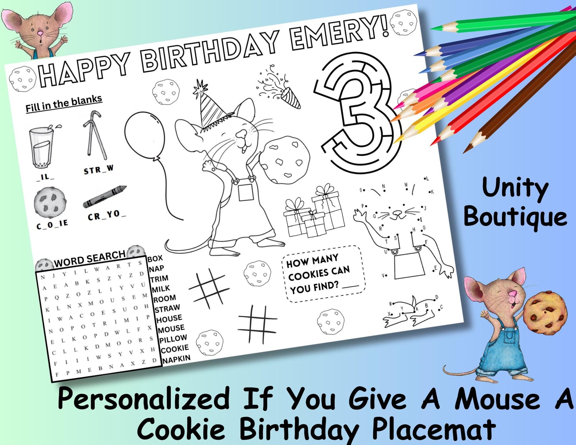 Personalized If You Give a Mouse a Cookie Birthday Activity Placemat, Custom Storybook Party Favor