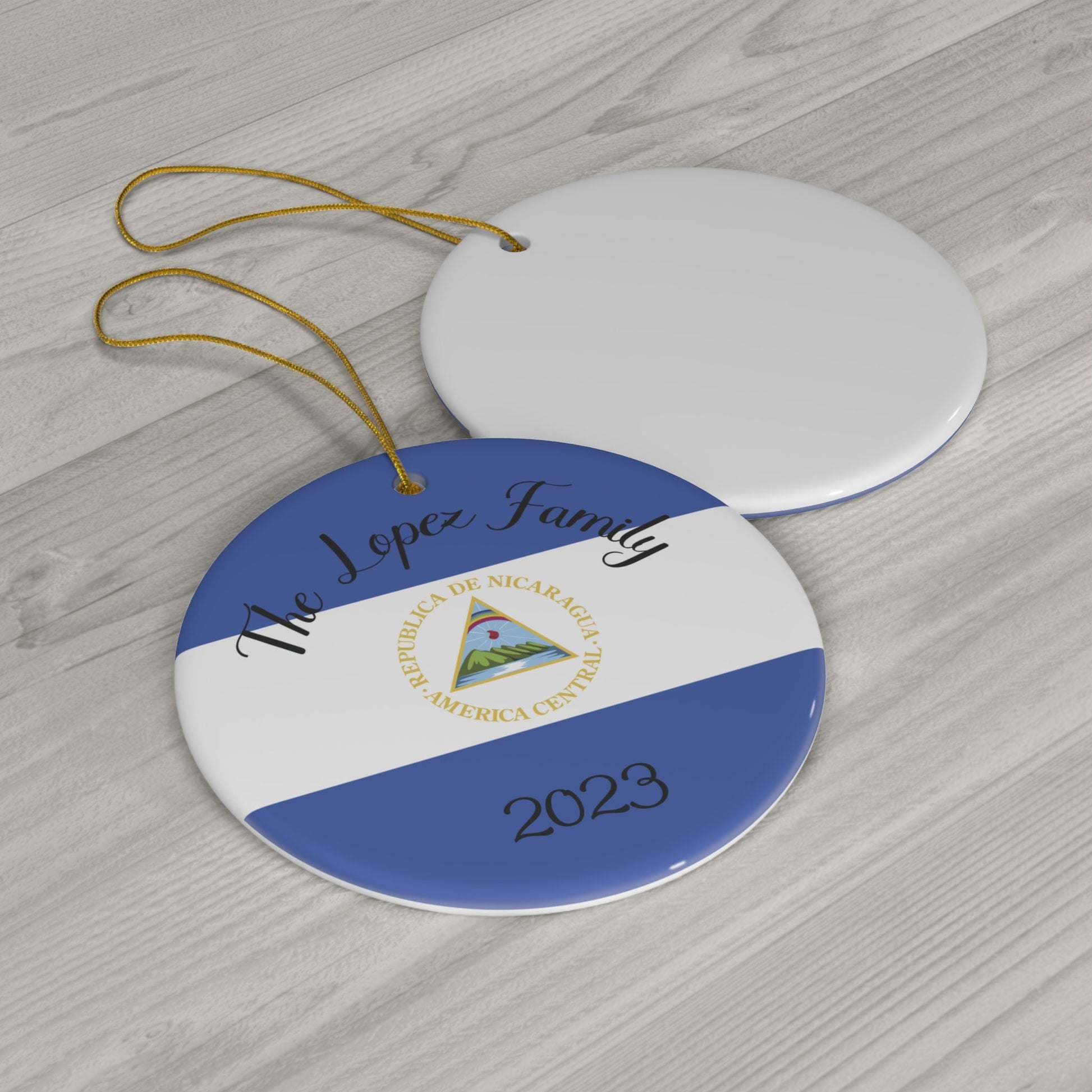 Personalized Nicaragua Ornament Nicaraguan Flag Inspired Blue, White Round Porcelain Ceramic Christmas Ornament Gift Decoration Holiday Gift