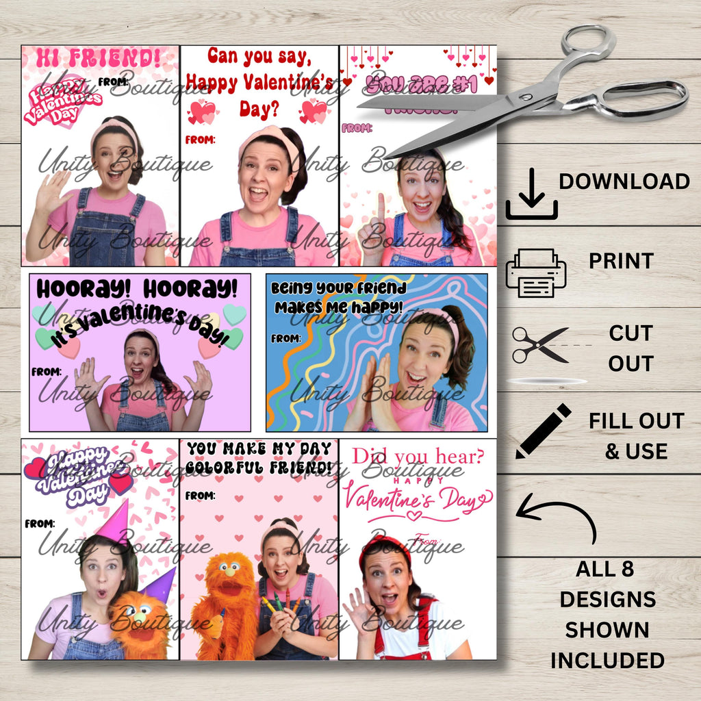 Printable Ms. Rachel Valentines Cards, Instant Download Preschool Classroom Valentines, Ms Overalls Valentine Card, DIY Miss Rachel Cards