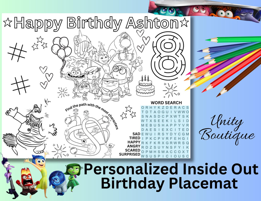 Personalized Inside Out 2 Birthday Activity Placemat, Inside Out Party Favors