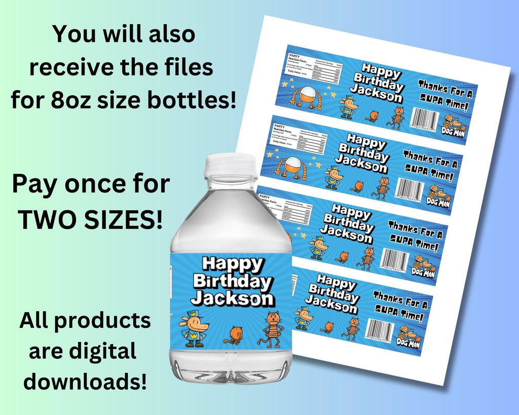 Personalized Dogman Water Bottle Labels, Dogman Birthday Decor, Dogman Stickers, Custom Dogman 16oz 8oz Labels, Dogman Party Favors, Supa