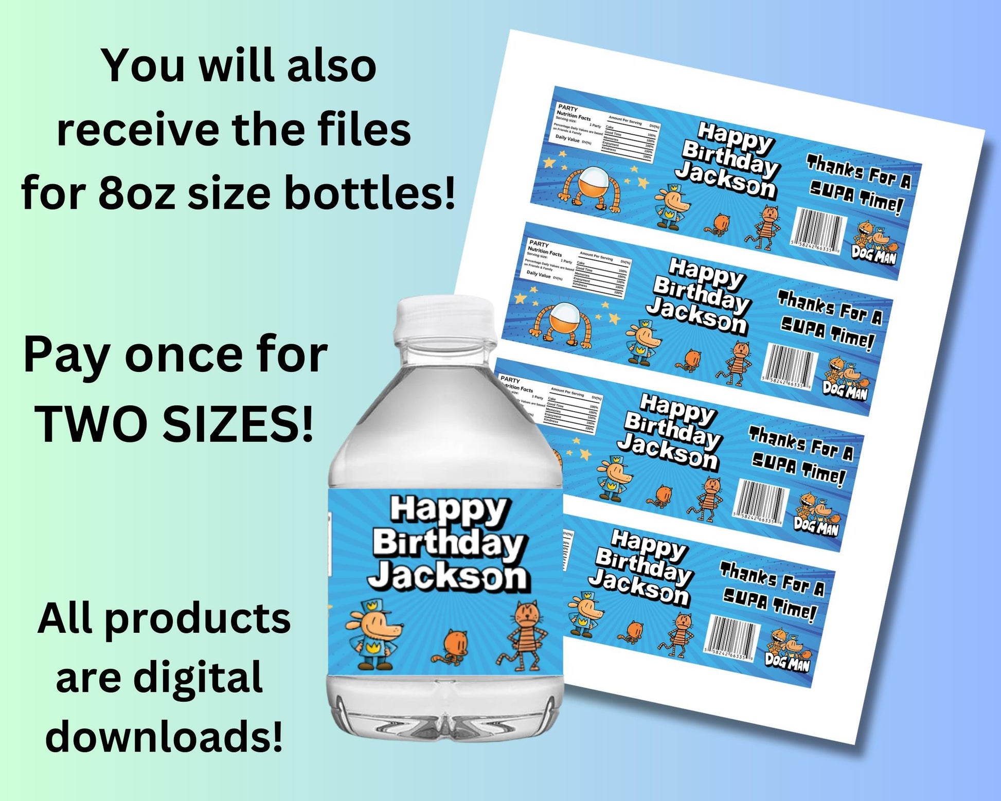 Personalized Dogman Water Bottle Labels, Dogman Birthday Decor, Dogman Stickers, Custom Dogman 16oz 8oz Labels, Dogman Party Favors, Supa