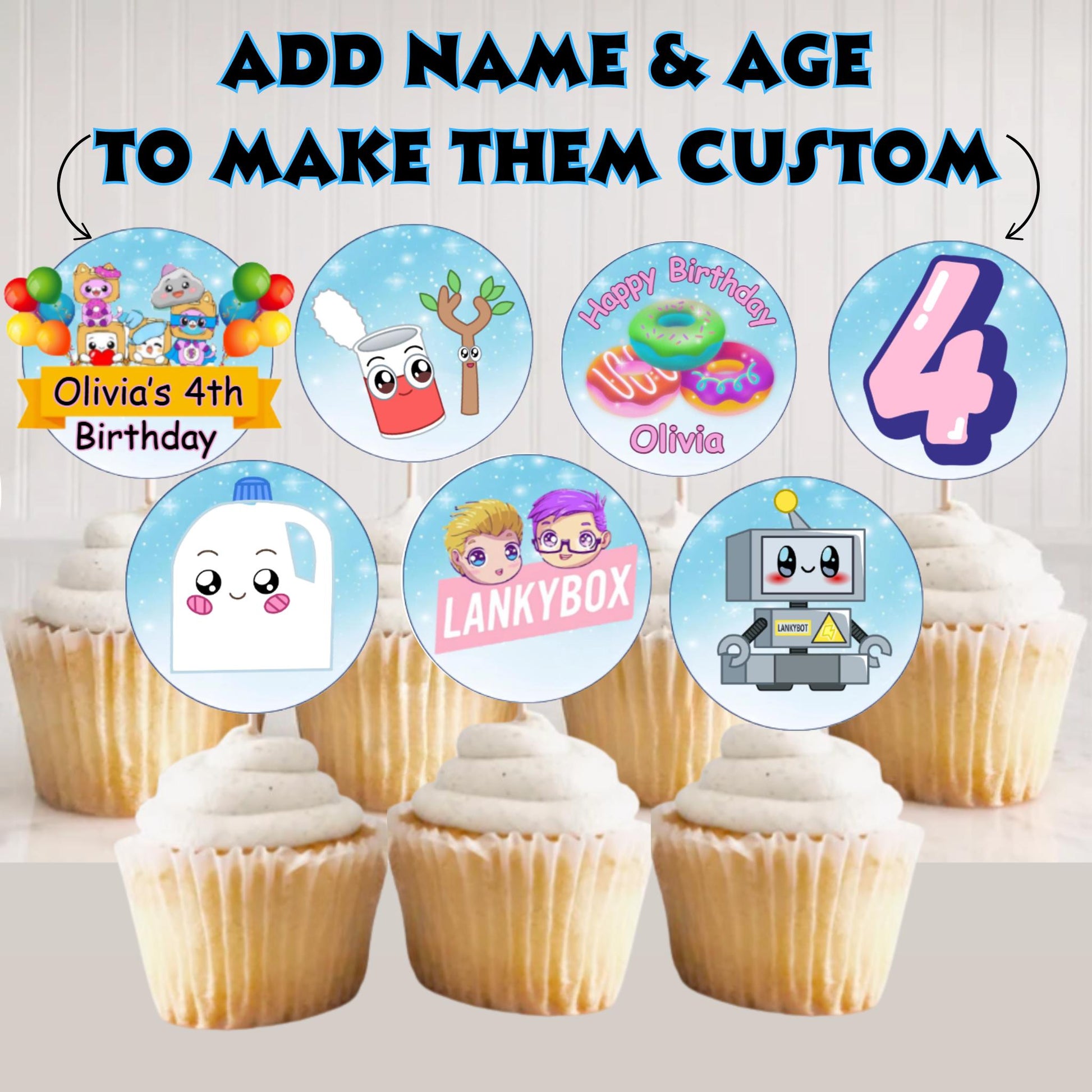 Personalized Lankybox Birthday Cupcake Toppers, Foxy, Boxy, Rocky, Lankybox Party Decor