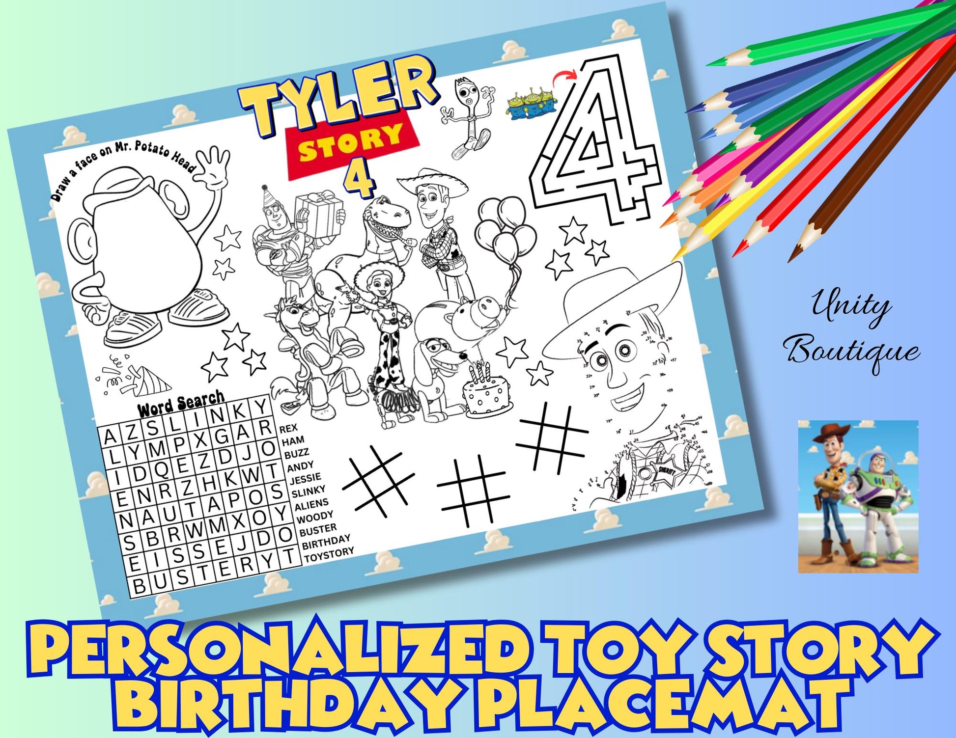 Personalized Toy Story Birthday Activity Placemat, Buzz Lightyear & Woody Party Favor