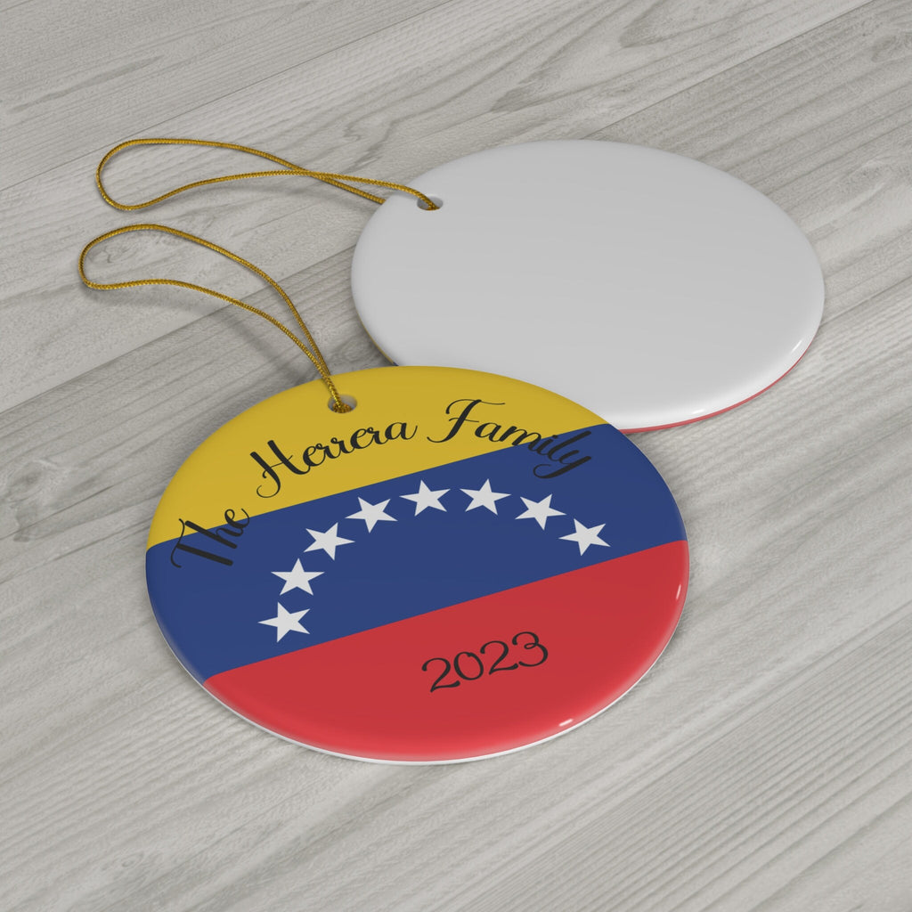 Personalized Venezuela Venezuelan Flag Inspired Yellow Red Blue White Round Ceramic Christmas Ornament Gift Decoration Holiday World Travel