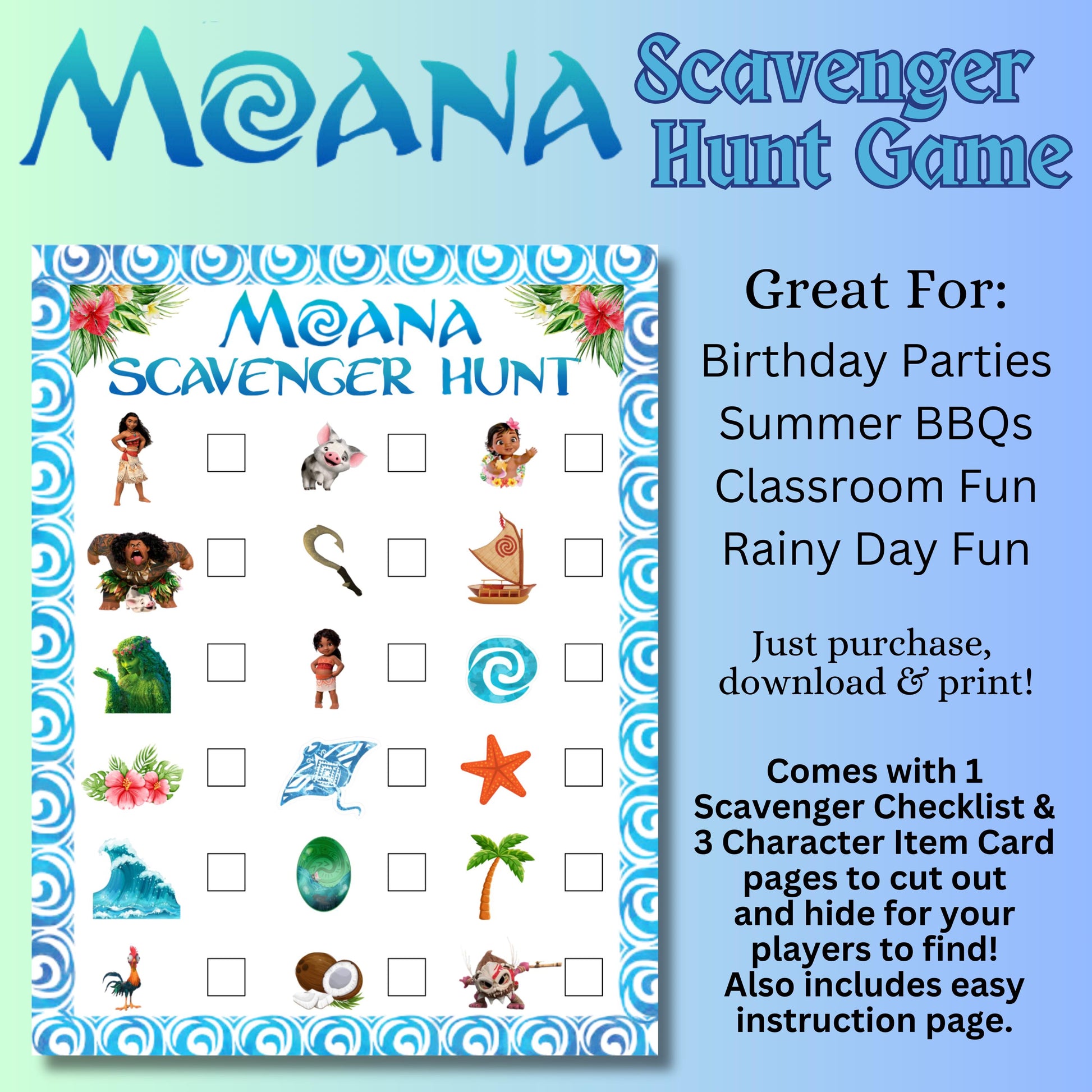 Moana Scavenger Hunt, Moana 2 Themed Birthday Party Game, Hawaiian Party Game, Moana Treasure Hunt, Printable Moana Activity,Moana Party Favor