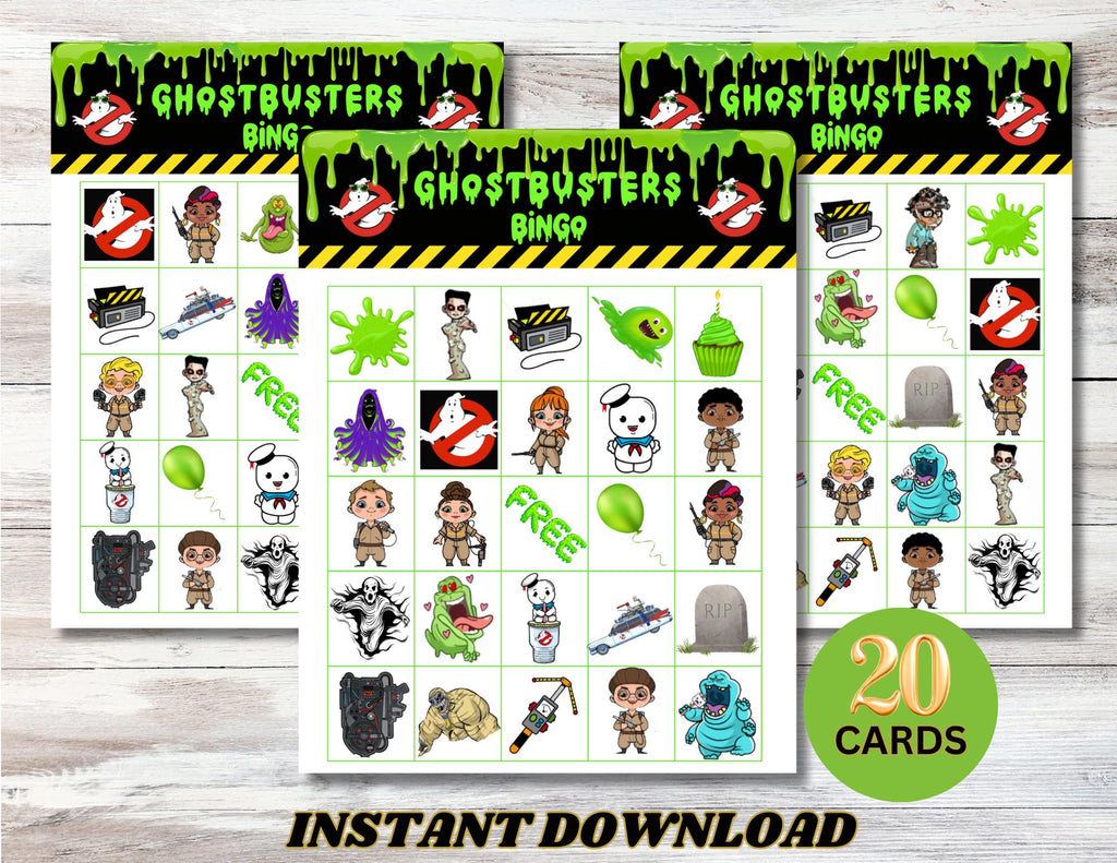 Juego de bingo con temática de los Cazafantasmas, fiesta de cumpleaños de los Cazafantasmas, Stay Puft, Slimer, juego de los Cazafantasmas, juego de fiesta de Halloween, juego de bingo de 20 cartones