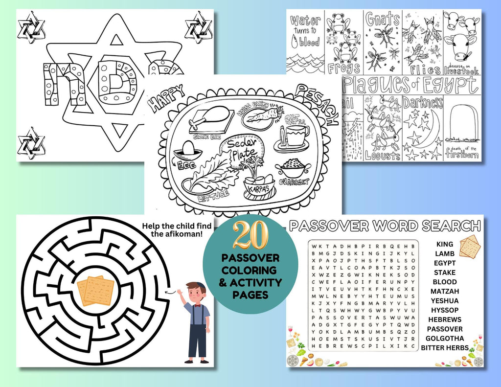 20 Passover Coloring Activity Pages For Kids, High Holidays Coloring Pages, Passover Printables, Jewish Holiday Activity, Instant Download