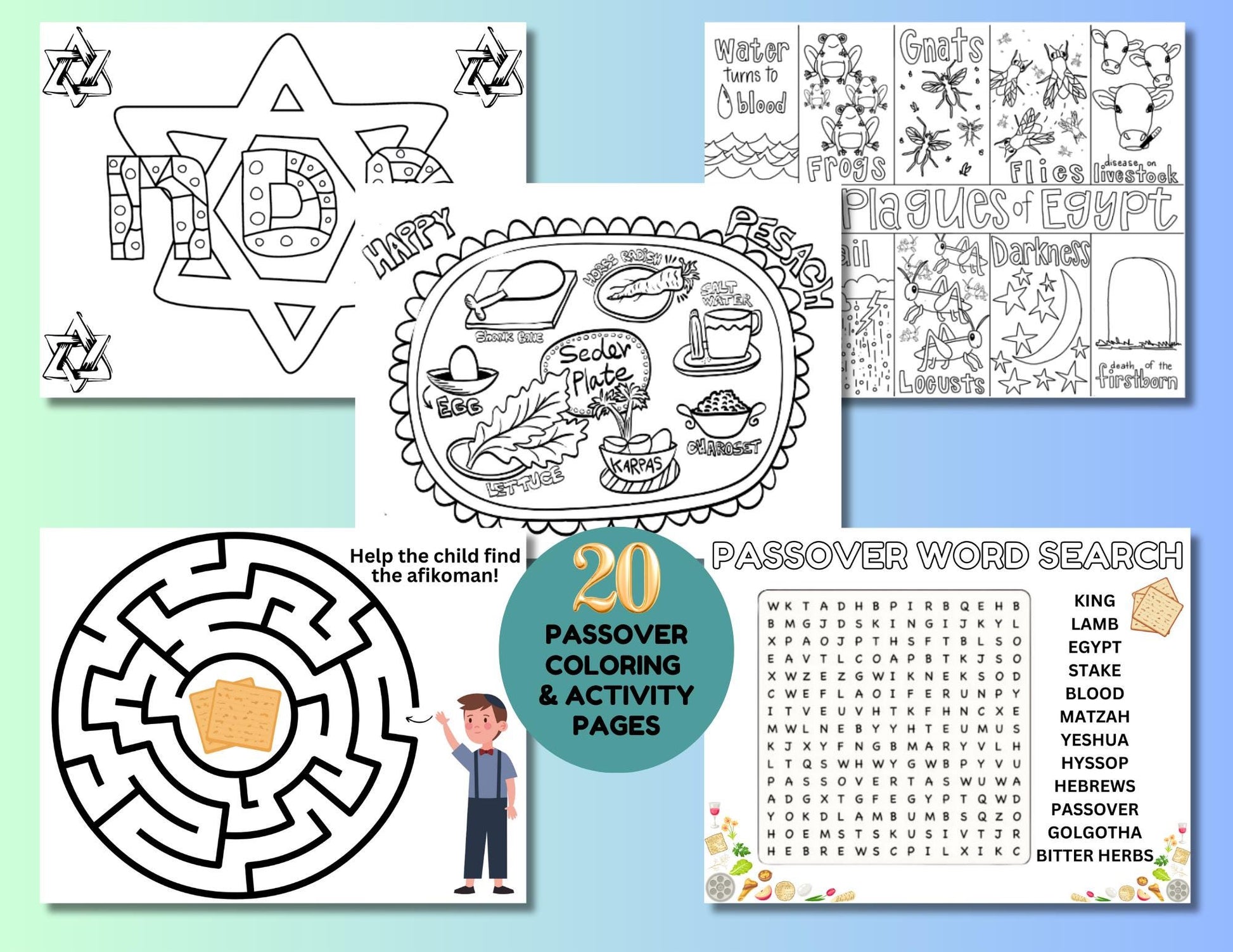 20 Passover Coloring Activity Pages For Kids, High Holidays Coloring Pages, Passover Printables, Jewish Holiday Activity, Instant Download