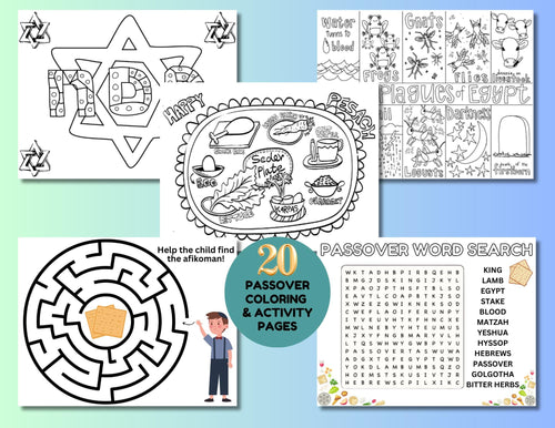 20 Passover Coloring Activity Pages For Kids, High Holidays Coloring Pages, Passover Printables, Jewish Holiday Activity, Instant Download
