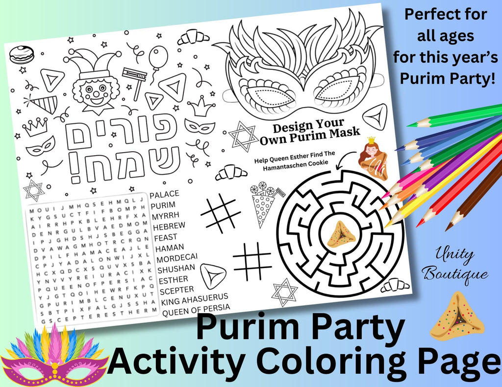 Purim Activity Placemat, Instant Download, Jewish Holiday Printable, Purim Party Favor, Queen Ester Coloring Page, Jewish Purim Coloring Mat