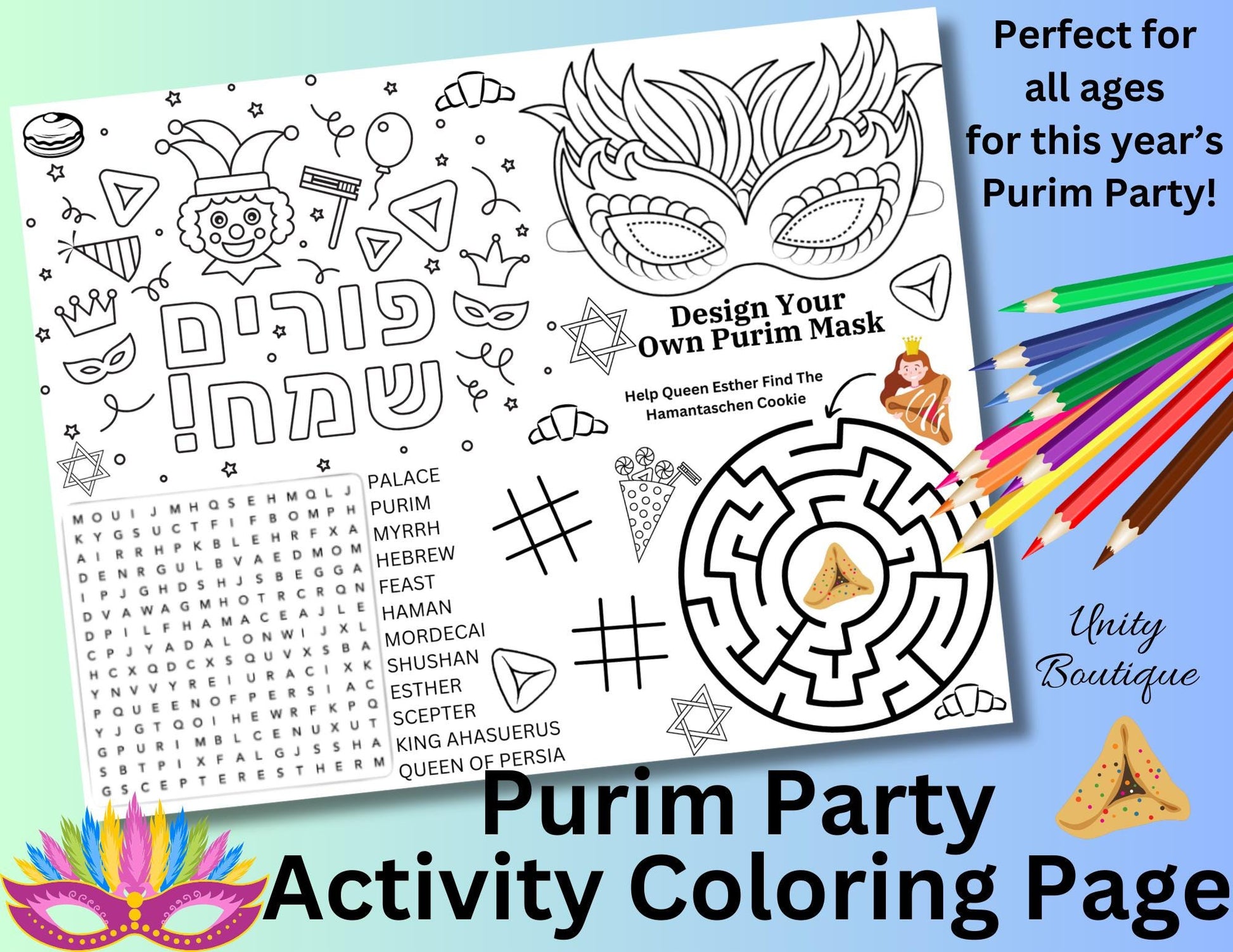 Purim Activity Placemat, Instant Download, Jewish Holiday Printable, Purim Party Favor, Queen Ester Coloring Page, Jewish Purim Coloring Mat