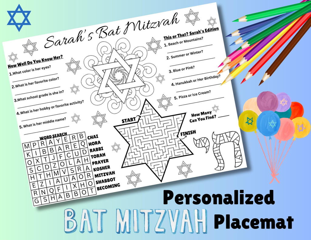 Personalized Bat Mitzvah Placemat, Bat Mitzvah Games, Bat Mitzvah Favors