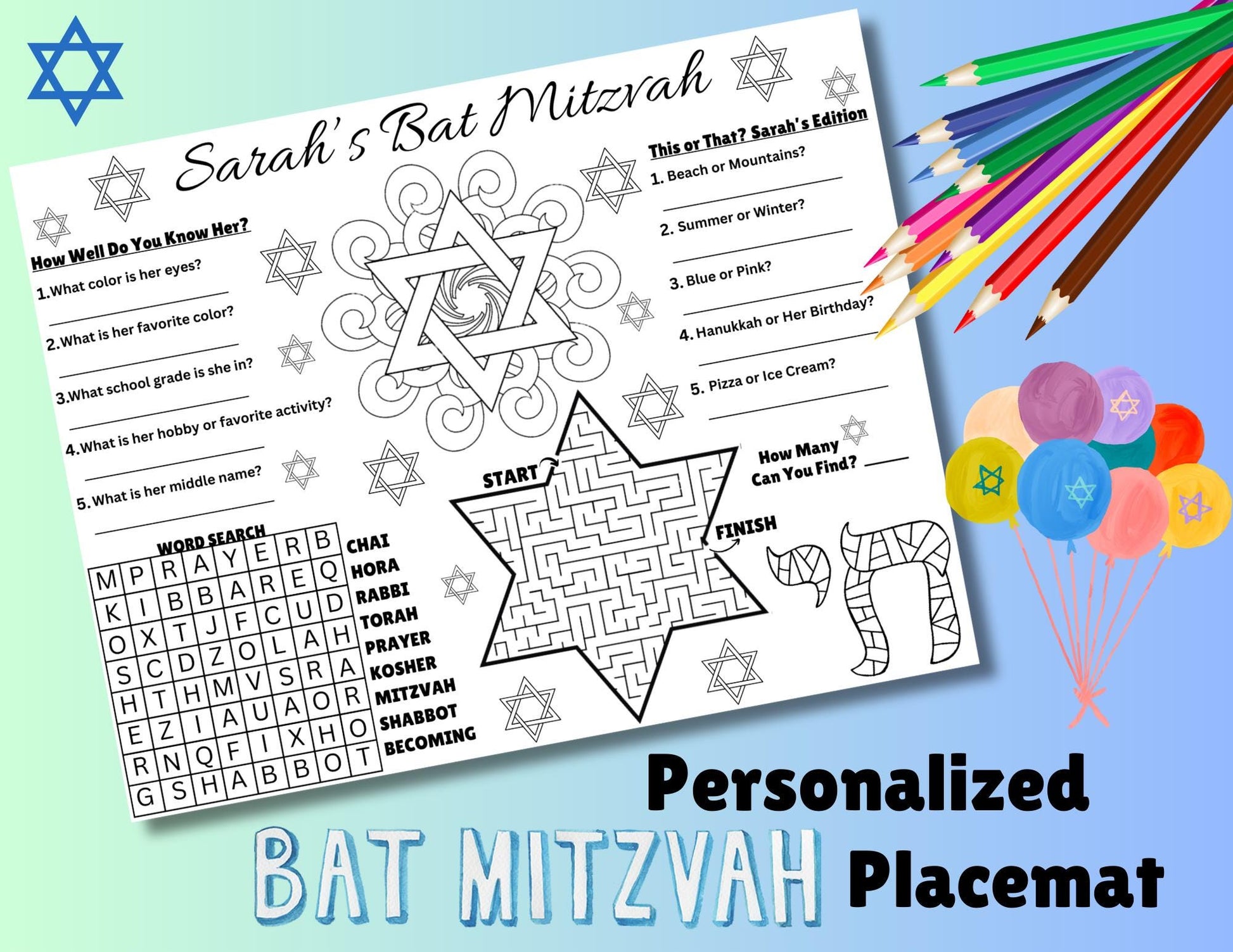 Personalized Bat Mitzvah Placemat, Bat Mitzvah Games, Bat Mitzvah Favors