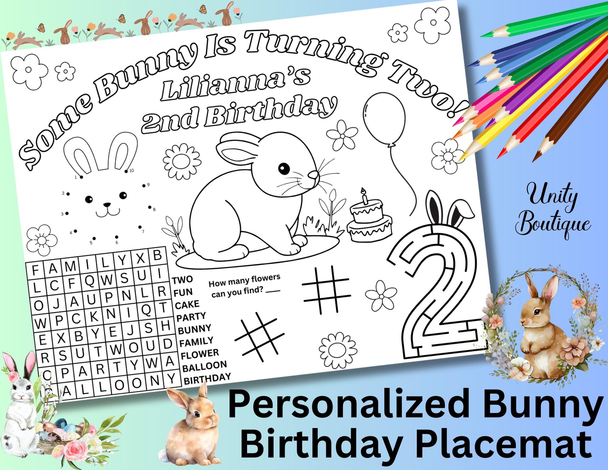 Personalized Some Bunny is One Birthday Activity Sheet, Easter Themed Birthday Party