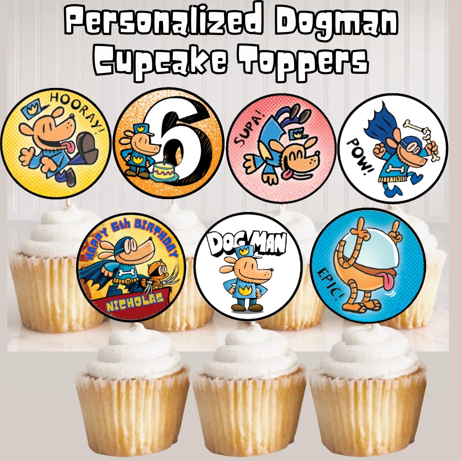 Personalized Dog Man Birthday Cupcake Toppers, Dogman Party Supplies, Custom Dog Man Birthday Decor