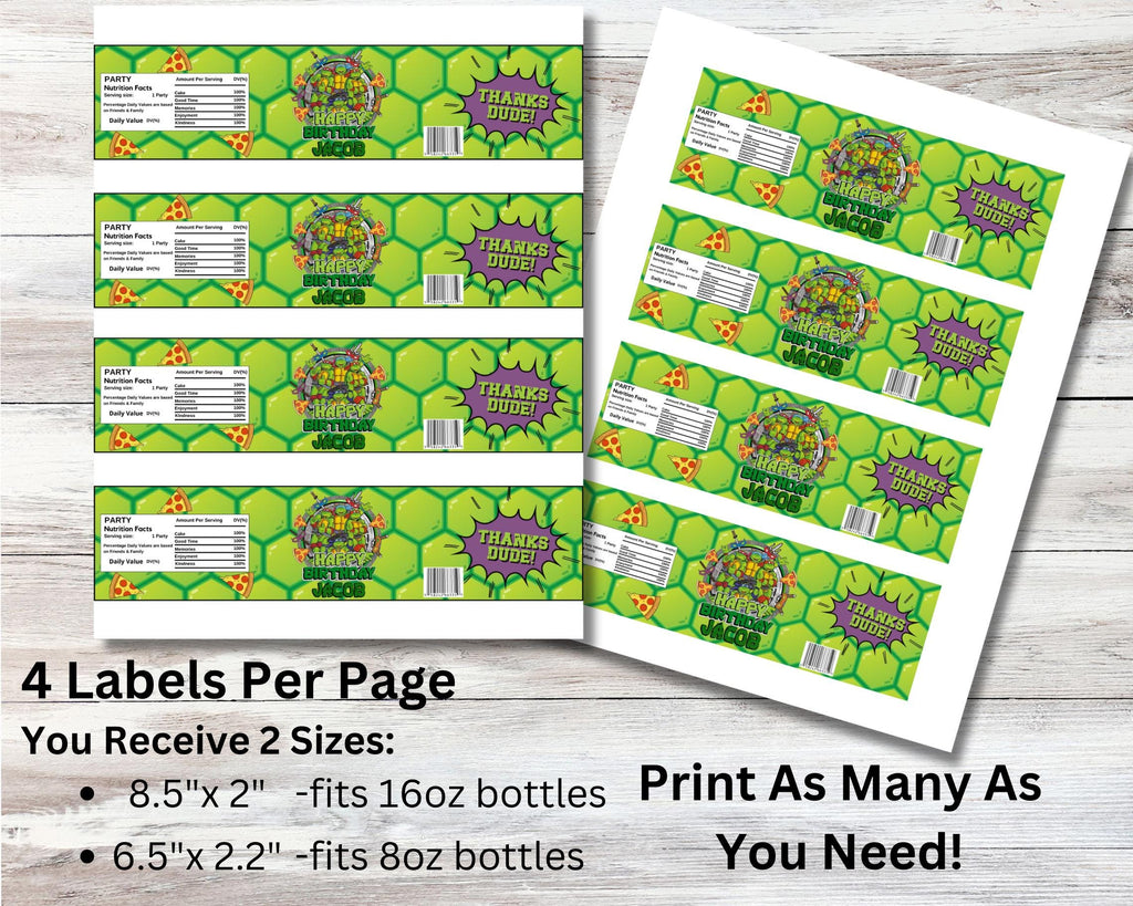 Personalized Teenage Ninja Turtle Water Bottle Labels, Custom Teenage Mutant Ninja Turtle Party Decorations