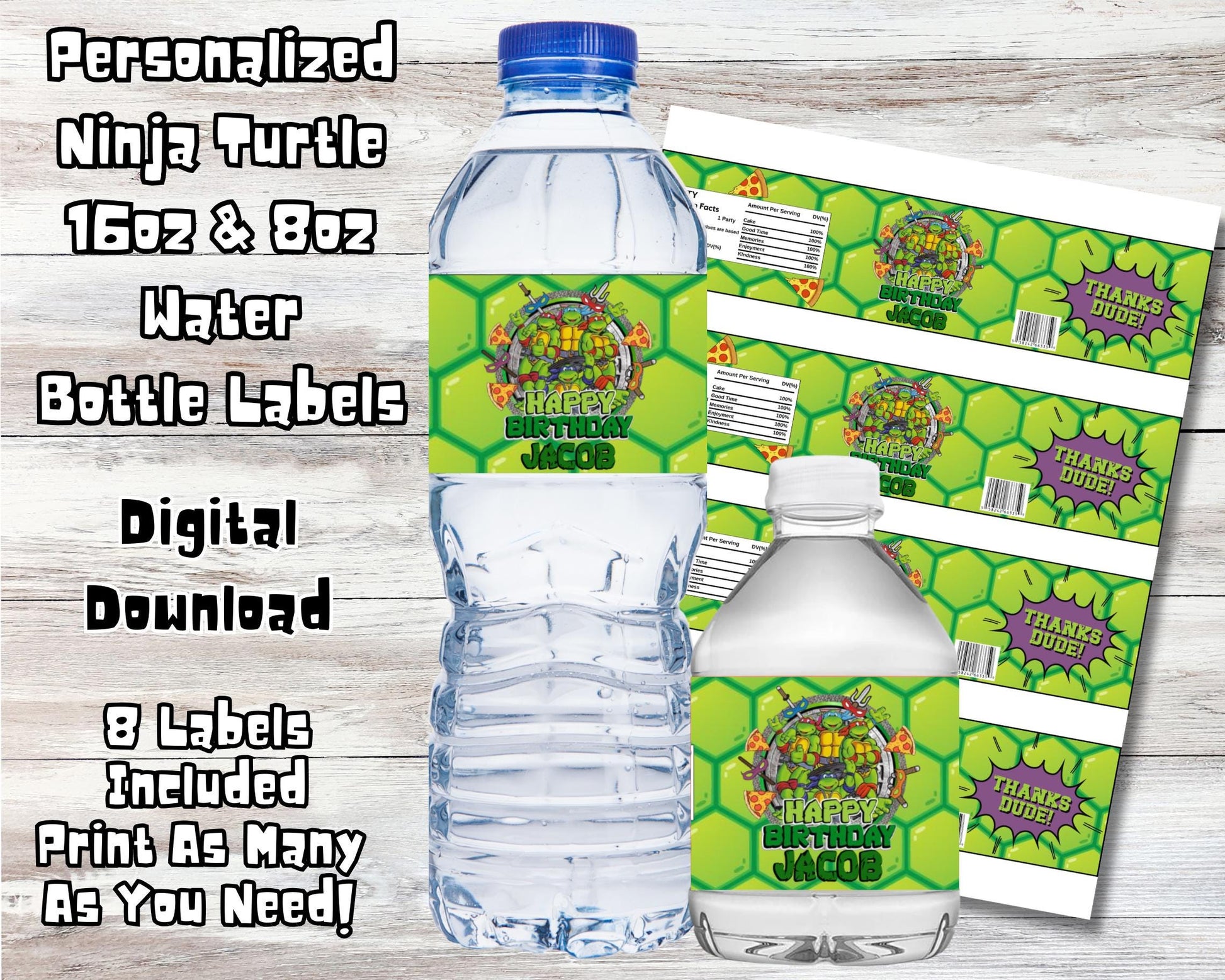 Personalized Teenage Ninja Turtle Water Bottle Labels, Custom Teenage Mutant Ninja Turtle Party Decorations