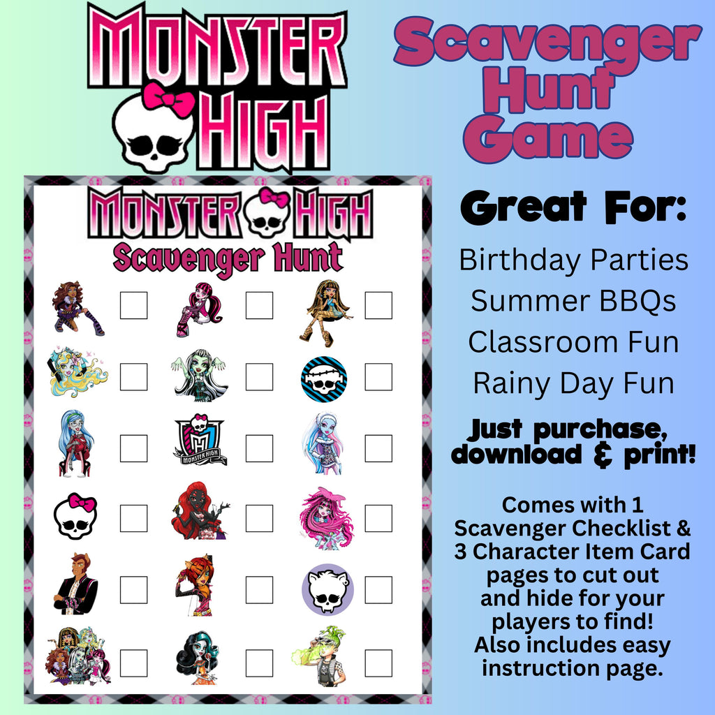 Monster High Scavenger Hunt, Monster High Doll Party Game, Monster High Printable Scavenger Hunt Game, Monster Doll Birthday, Instant Download