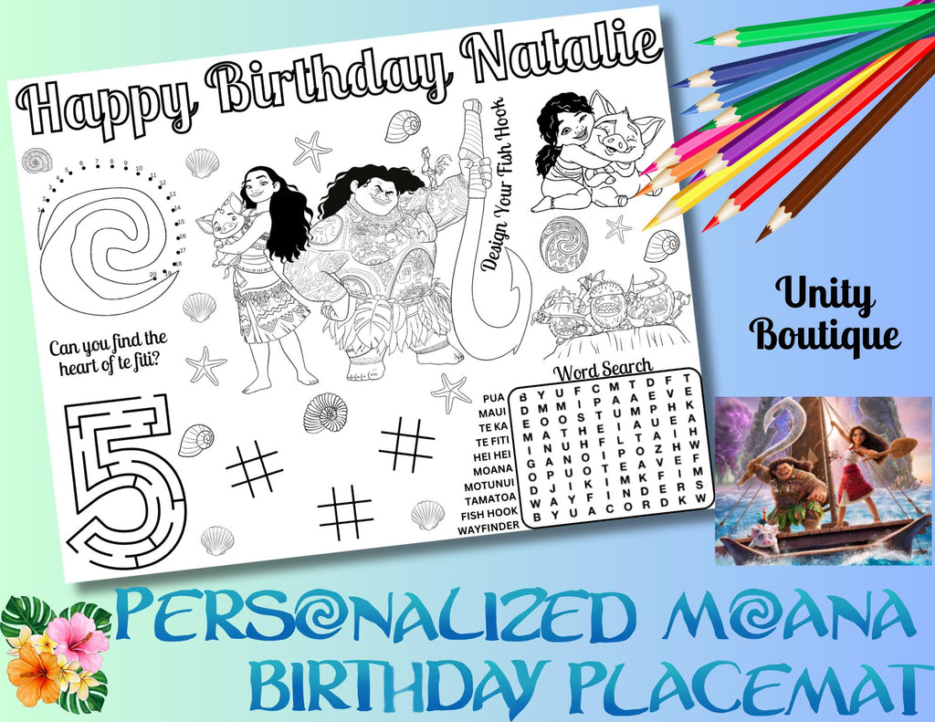 Personalized Moana Birthday Activity Placemat, Moana 2 Themed Party Favor