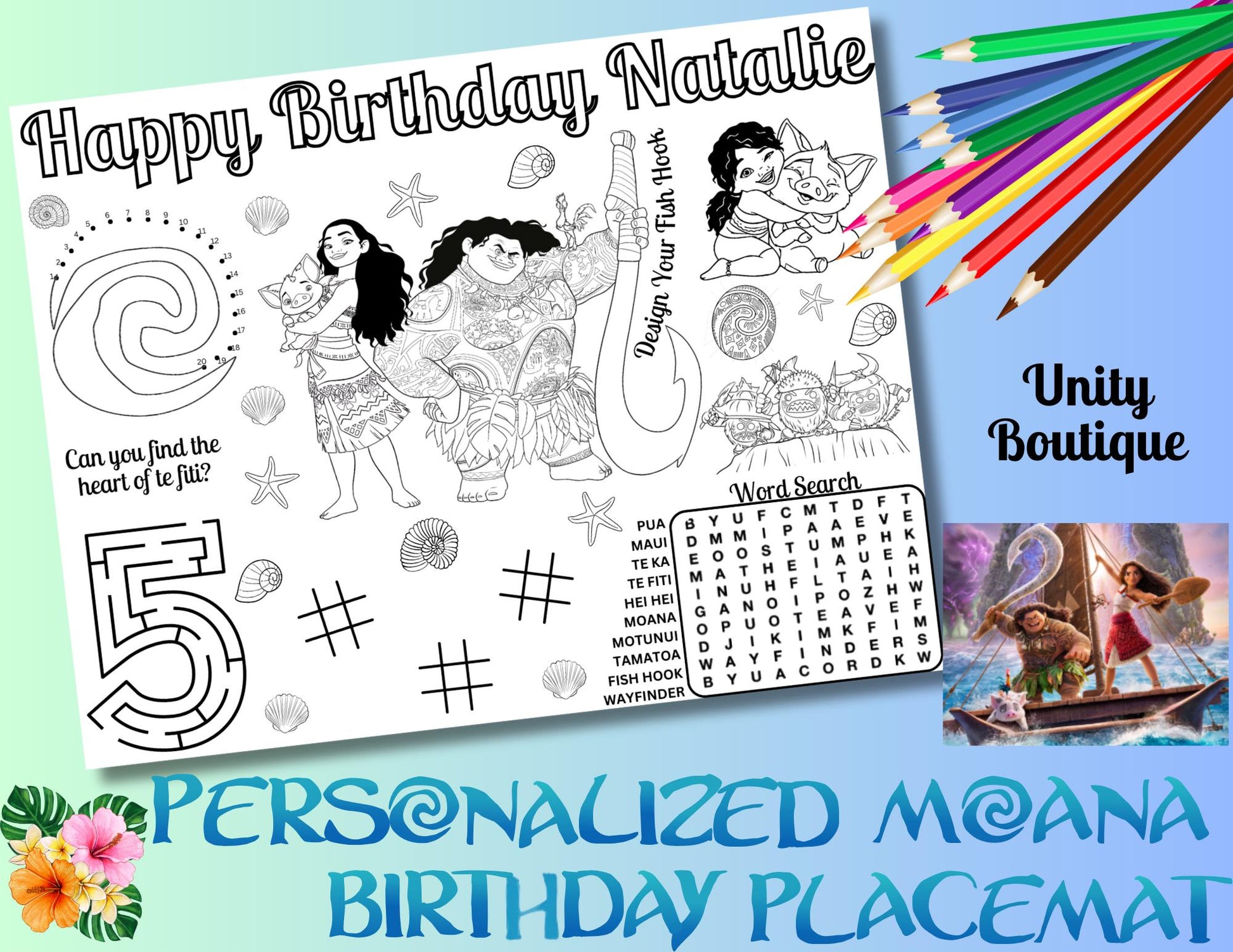 Personalized Moana Birthday Activity Placemat, Moana 2 Themed Party Favor