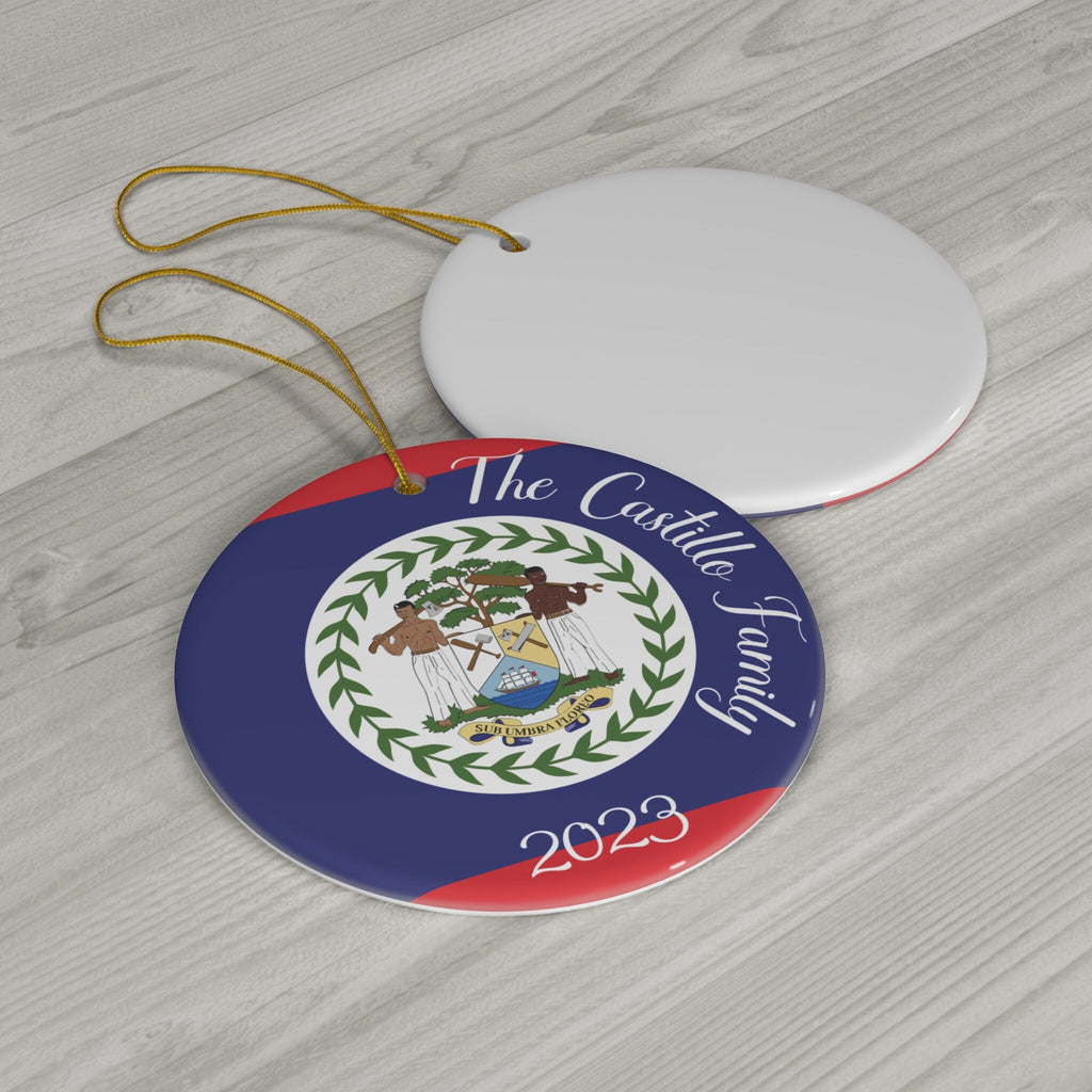 Personalized Belize Christmas Ornament Belizean Flag Inspired Print, Caribbean, Central America, World Travel Gift Souvenir Ceramic, Circle