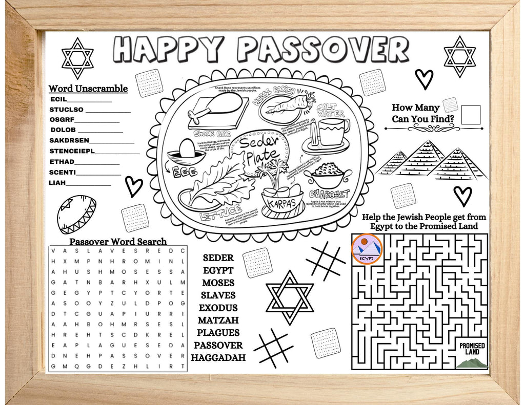 Passover Printable Coloring Placemat, Passover Learning Page, Printable Passover Party Activity, Jewish Holiday, Kids Passover Activity Page